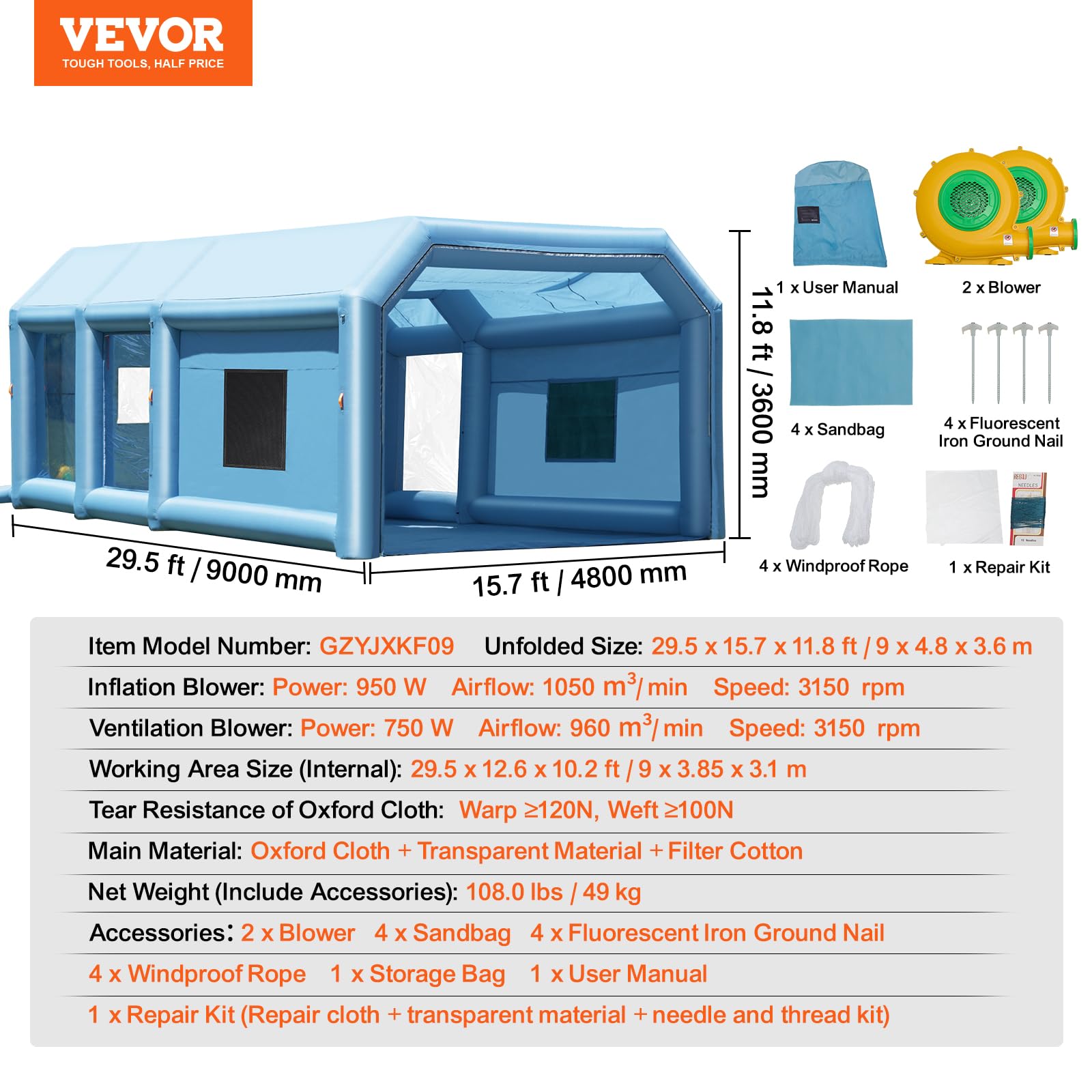 VEVOR Cabina de Pintura Inflable de 9 x 4,8 x 3,6 m con Potentes Sopladores de 950 W+750 W y Sistema de Filtro de Aire, Cabina de Pintura Portátil para Camiones, Furgonetas y Maquinaria Grandes