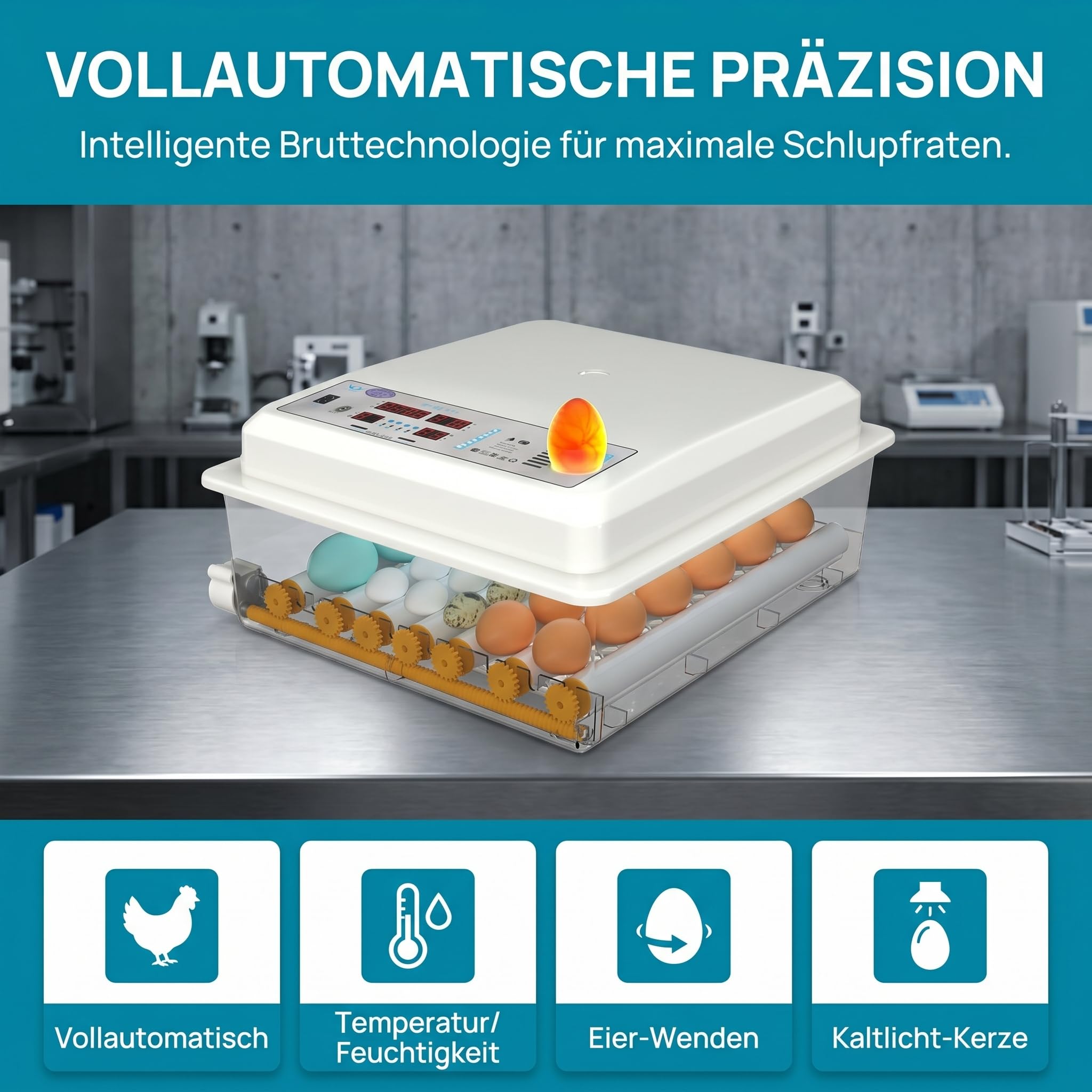 Brutautomat Vollautomatisch,Inkubator Hühner 16-120 Eier mit Automatischem Eierwenden und Automatischer Wasserzugabe,Brutkasten Hühner mit Vier Automatischen Inkubationsmodi für Huhn,Ente,Gans (36)