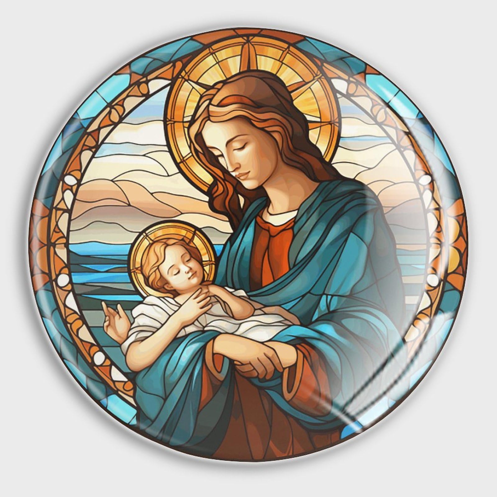 Aimants Vierge et enfant Jésus ronds en verre teinté pour la maison
