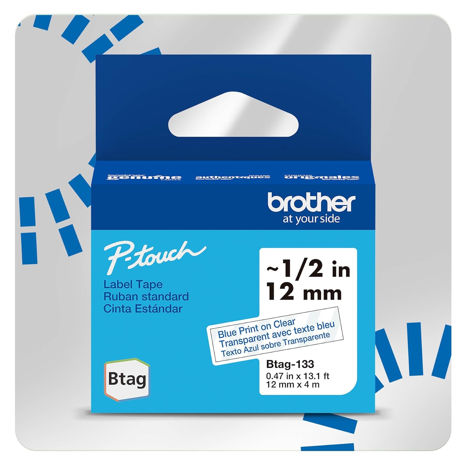 Brother Genuine P-Touch Btag BTAG133 Blue on Clear Label Tape ~1/2in by 13.1ft (12mm x 4m). (Works Only with Brother PT-N10, PT-N20, PT-N25BT Label Makers)