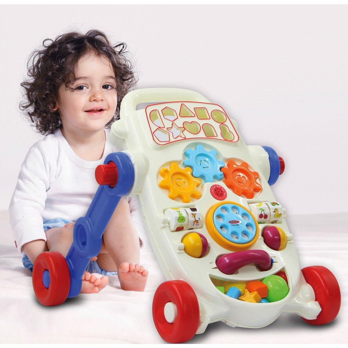 Jamara 460586 wózek do nauki chodzenia My First Walker wspiera umiejętności motoryczne precyzyjne, ergonomiczny design z uchwytem, w zestawie Sound Box, telefon i tarcza, kolorowy