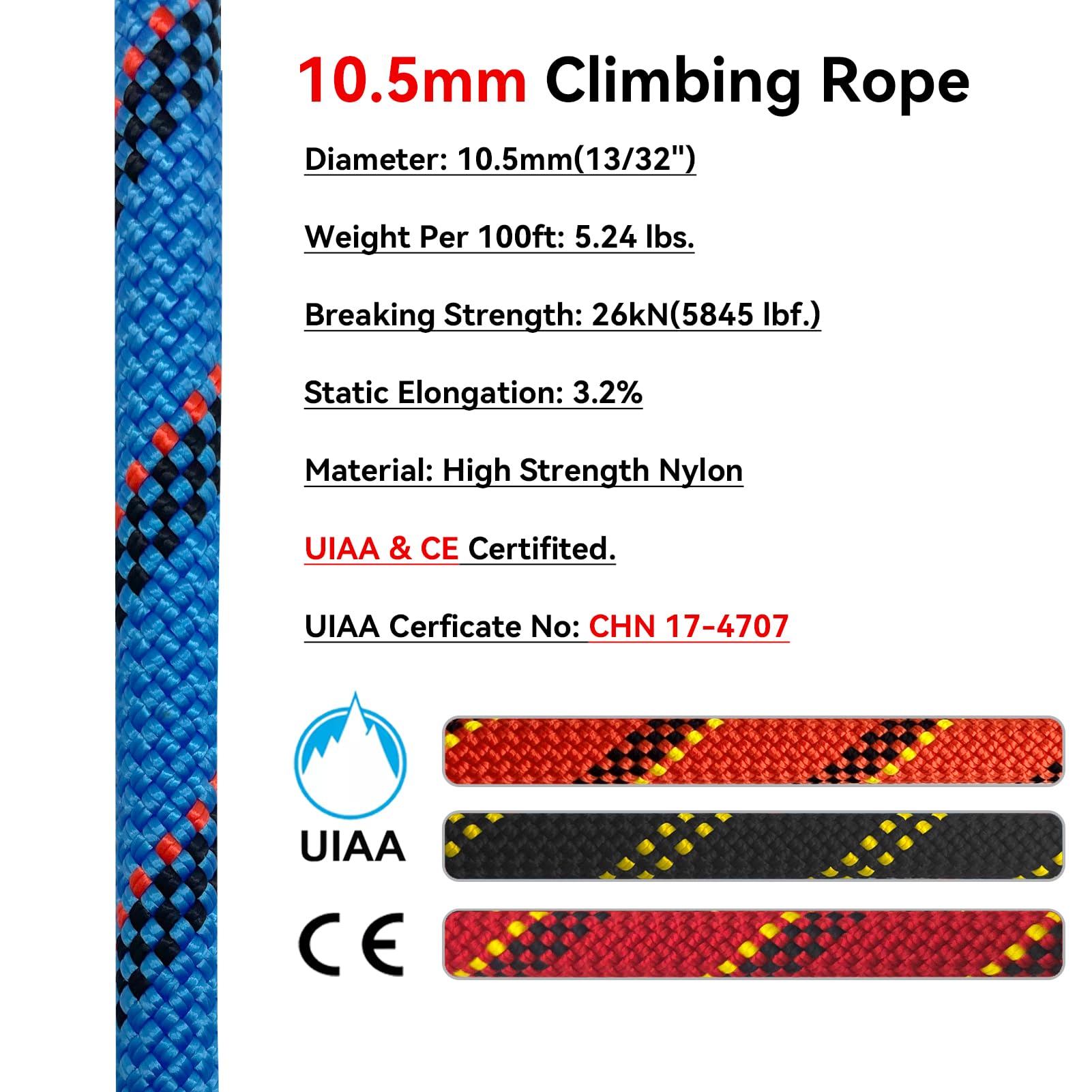 Statisches Kletterseil, 10,5 mm, UIAA Statische Schnur, Abseilseil, 30 m, Nylon-Kern, Mantelseil für Fluchtseil, Klettern, Bergsteigen, Schleppen, Rettung