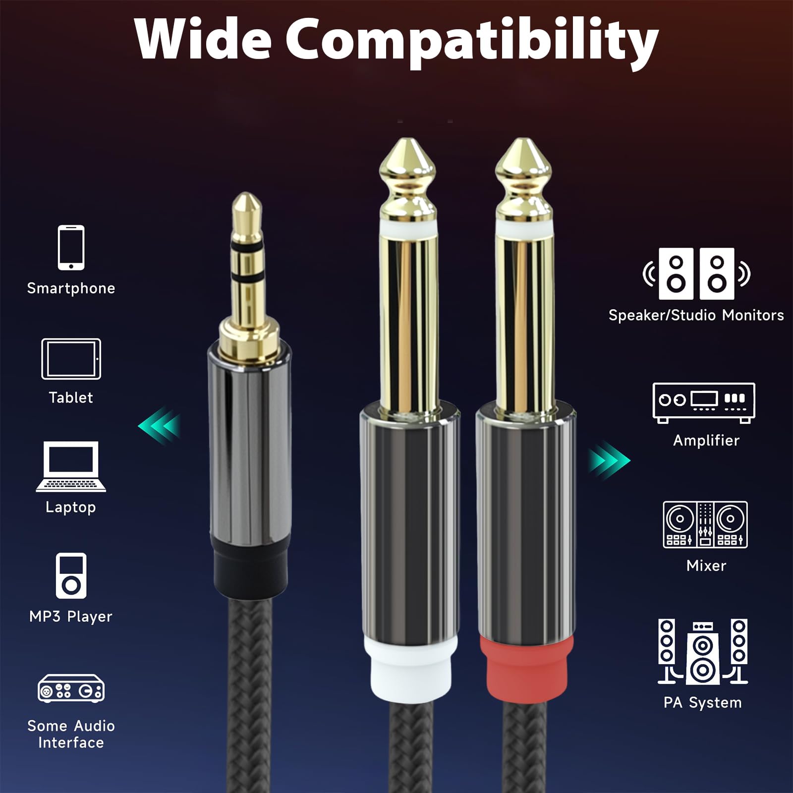 Cyberguys! Câble audio stéréo 3,5 mm vers double 1/4, TRS 1/8 vers double 1/4 TS, câble adaptateur tressé doré, câbles stéréo de 3,5 mm pour mixeur, moniteur de studio, amplificateur, haut-parleur