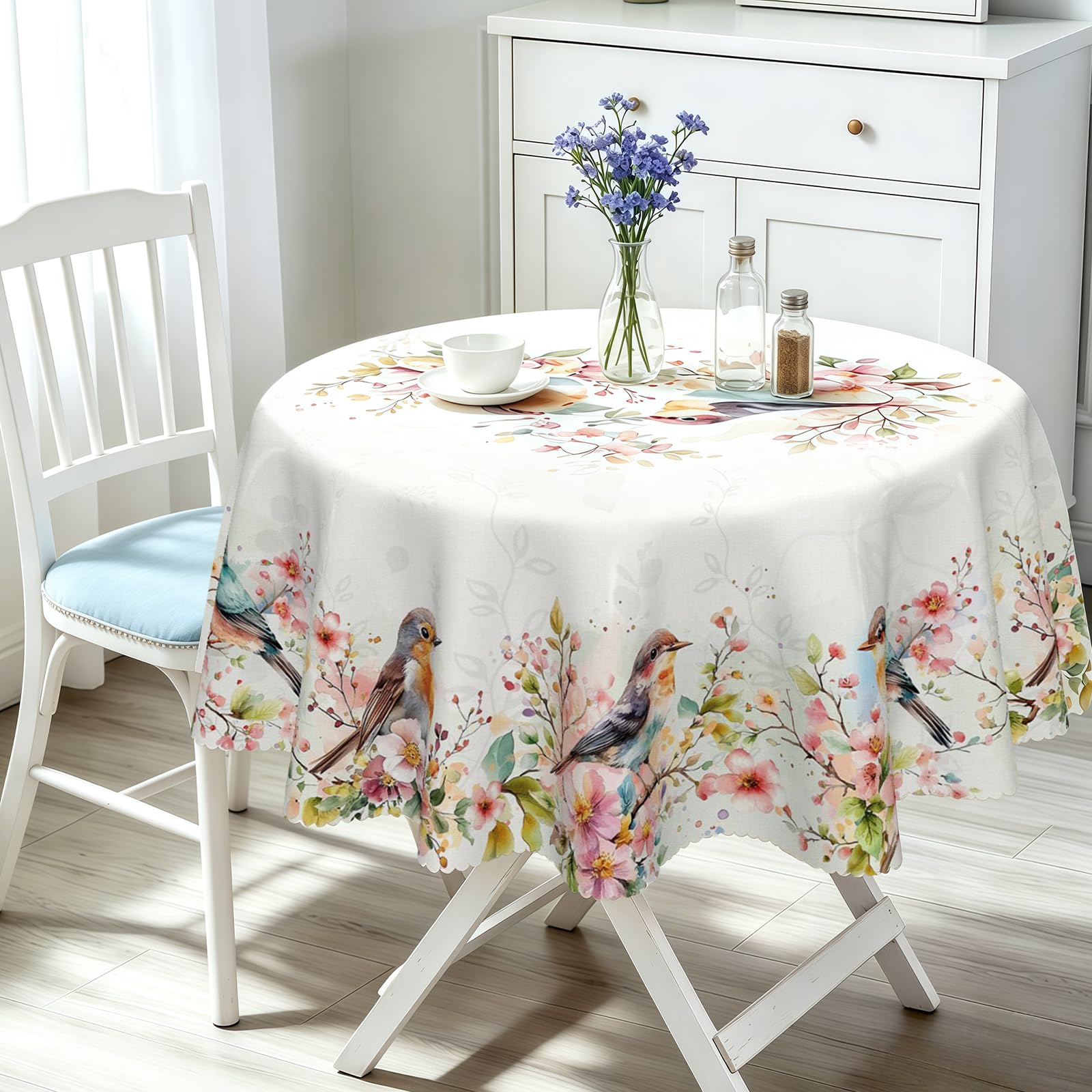 HAGOT Tablecloth with Bird pattens, Waterproof Oil-Proof Polyester Table Cloth, Machine Washable Fabric, Round Table Cloth for Dinning, Wedding, Party, Picnic, 160cm