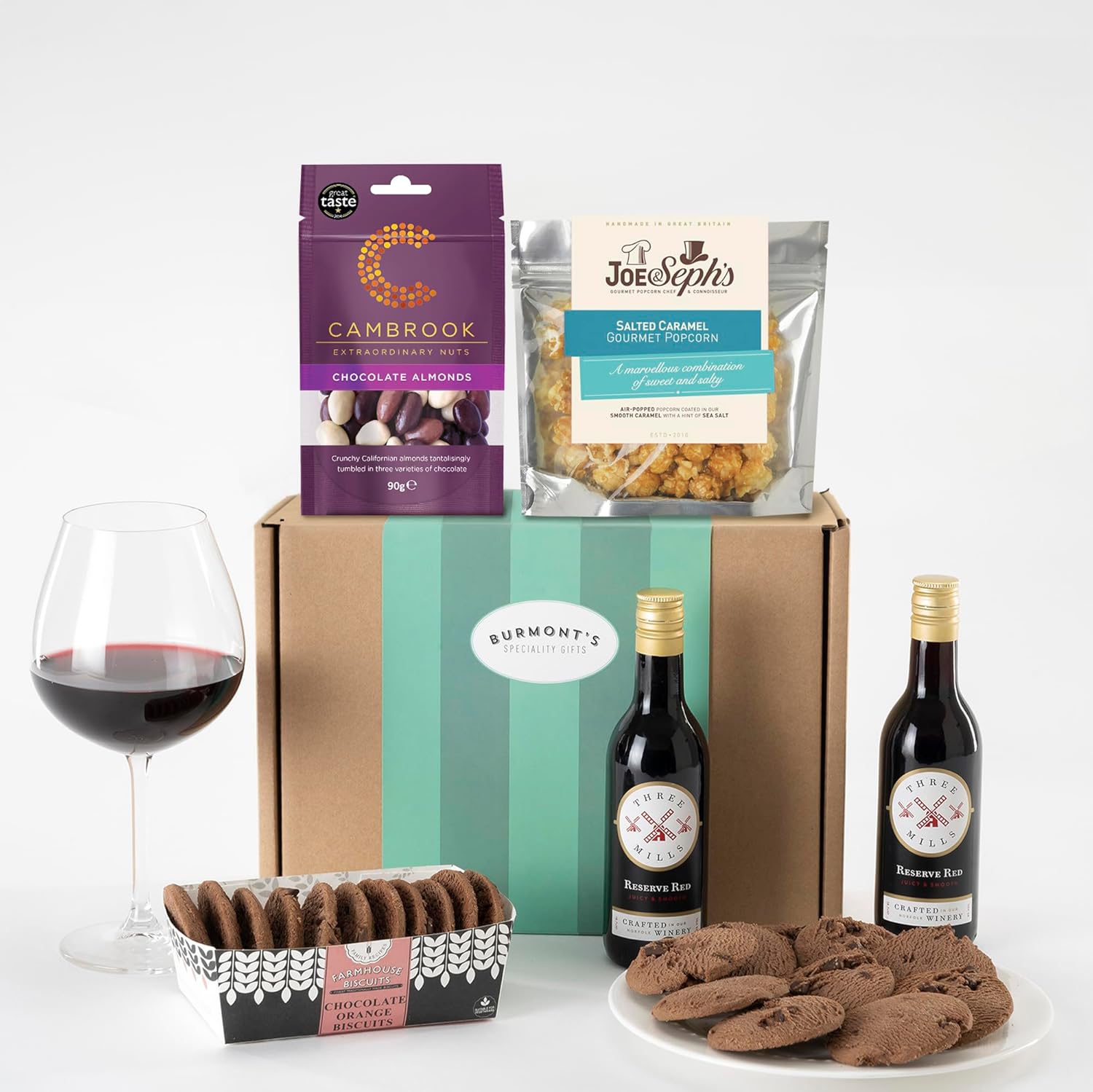 Burmont's Red Wine & Chocolate Gift Hamper - Two Small Red Wines, Joe & Seph's Popcorn, Cambrook Chocolate Almonds & Premium Chocolate Chip Biscuits - Hamper Exclusive To Burmont's