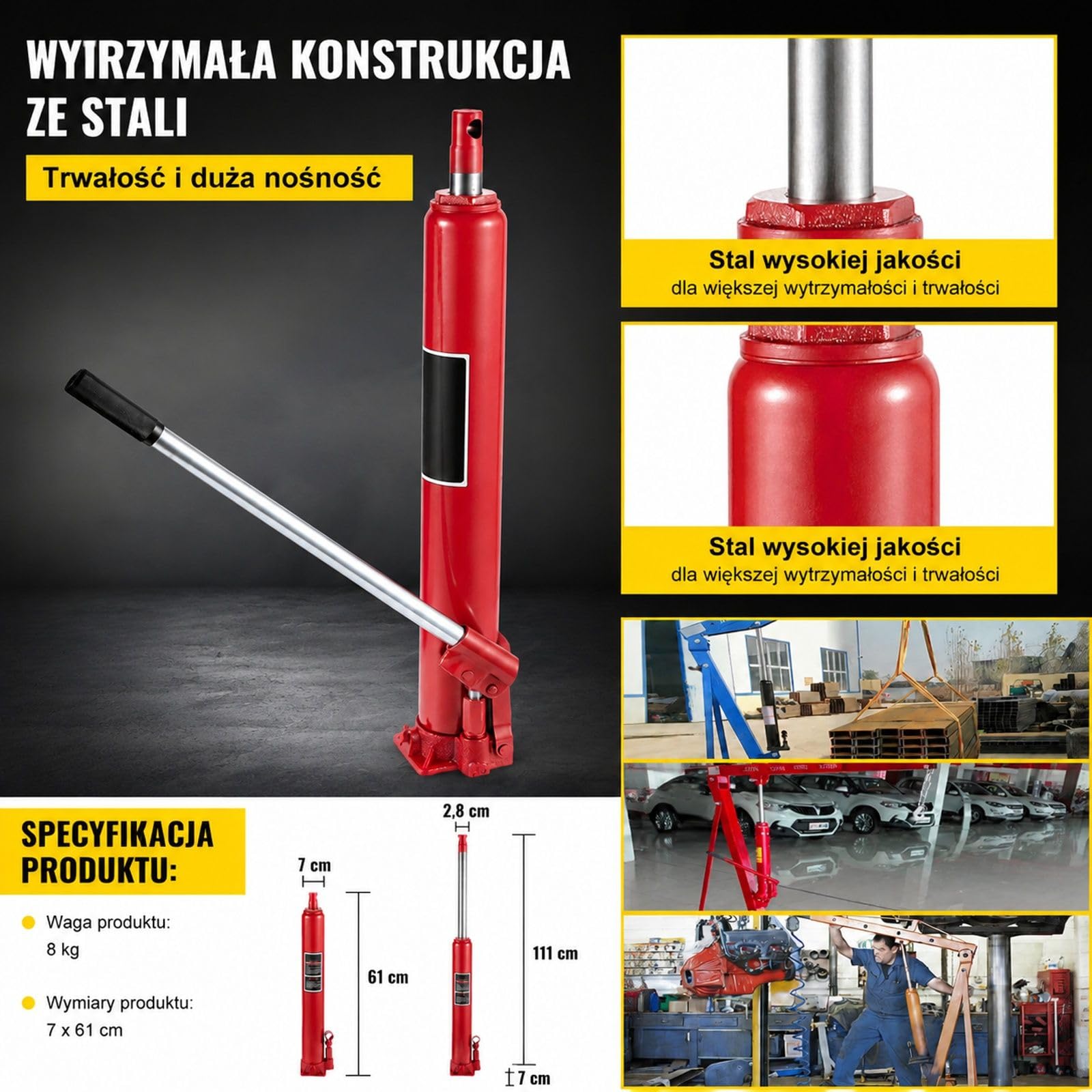 Czerwony hydrauliczny podnośnik słupkowy 4 t ze stalowym cylindrem, pompą jednotłokową, płaską podstawą i uchwytem do żurawi garażowych i warsztatowych