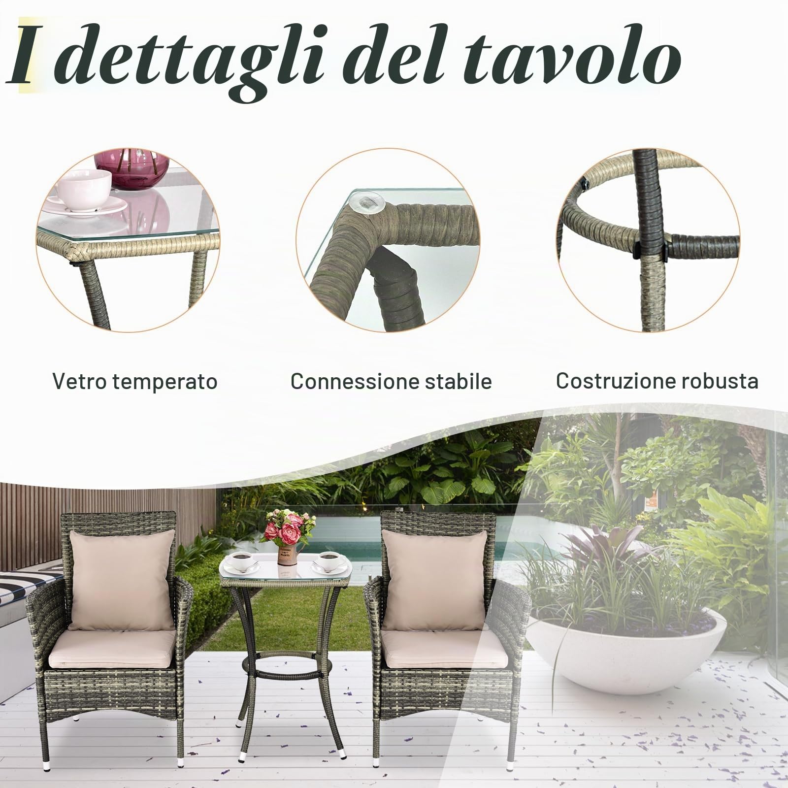 KOMFOTTEU Set Mobili da Giardino in Rattan con Tavolino in Vetro Temperato | 2 Poltrone con Cuscino Portata 180kg, ideali per completare il tuo set da giardino in rattan