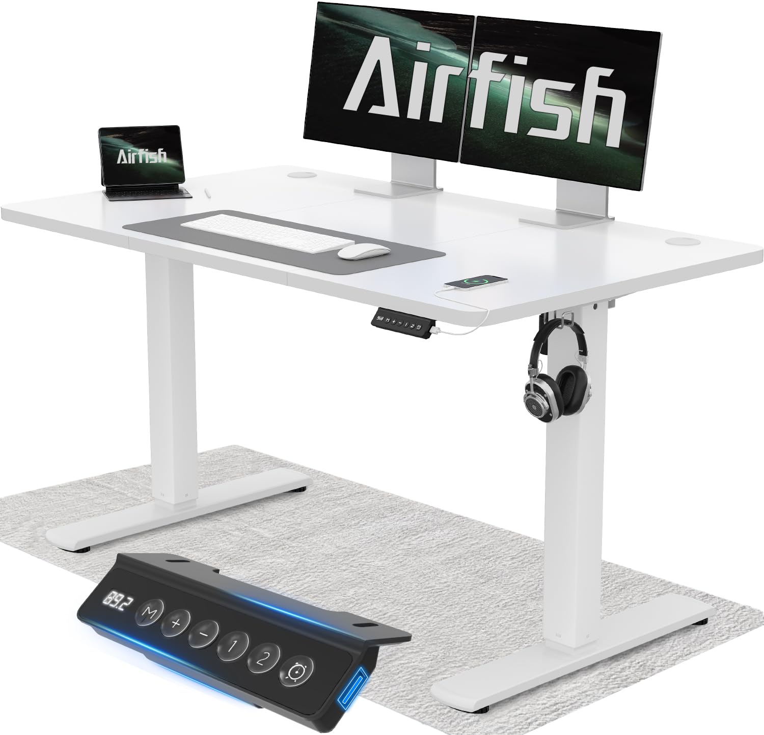 Airfish Escritorio Regulable en Altura con USB, Escritorio eléctrico con función de Memoria, Escritorio eléctrico Regulable en Altura 73-118cm,120x60cm,Blanco