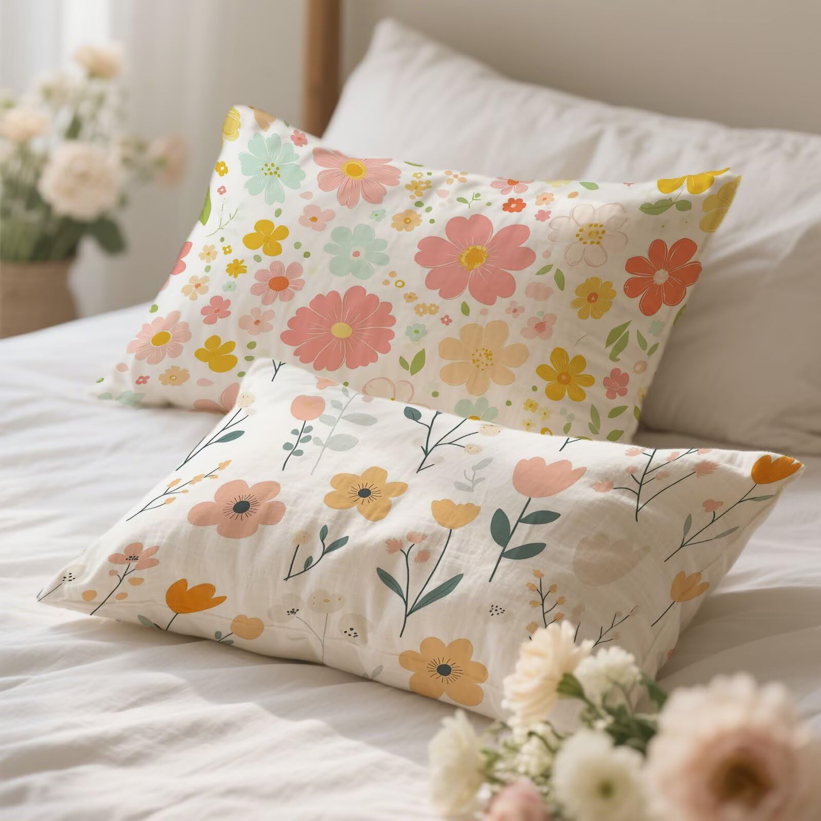 Kopfkissenbezug 70x90 2er Set Kissenbezug Rosa Weiche Leinen Zierkissen Blumen Kissenbezüge Doppelseitig Drucken Sofakissen Pillow Case, Modern Dekokissen für Deko Schlafzimmer Zimmer Balkon P-272