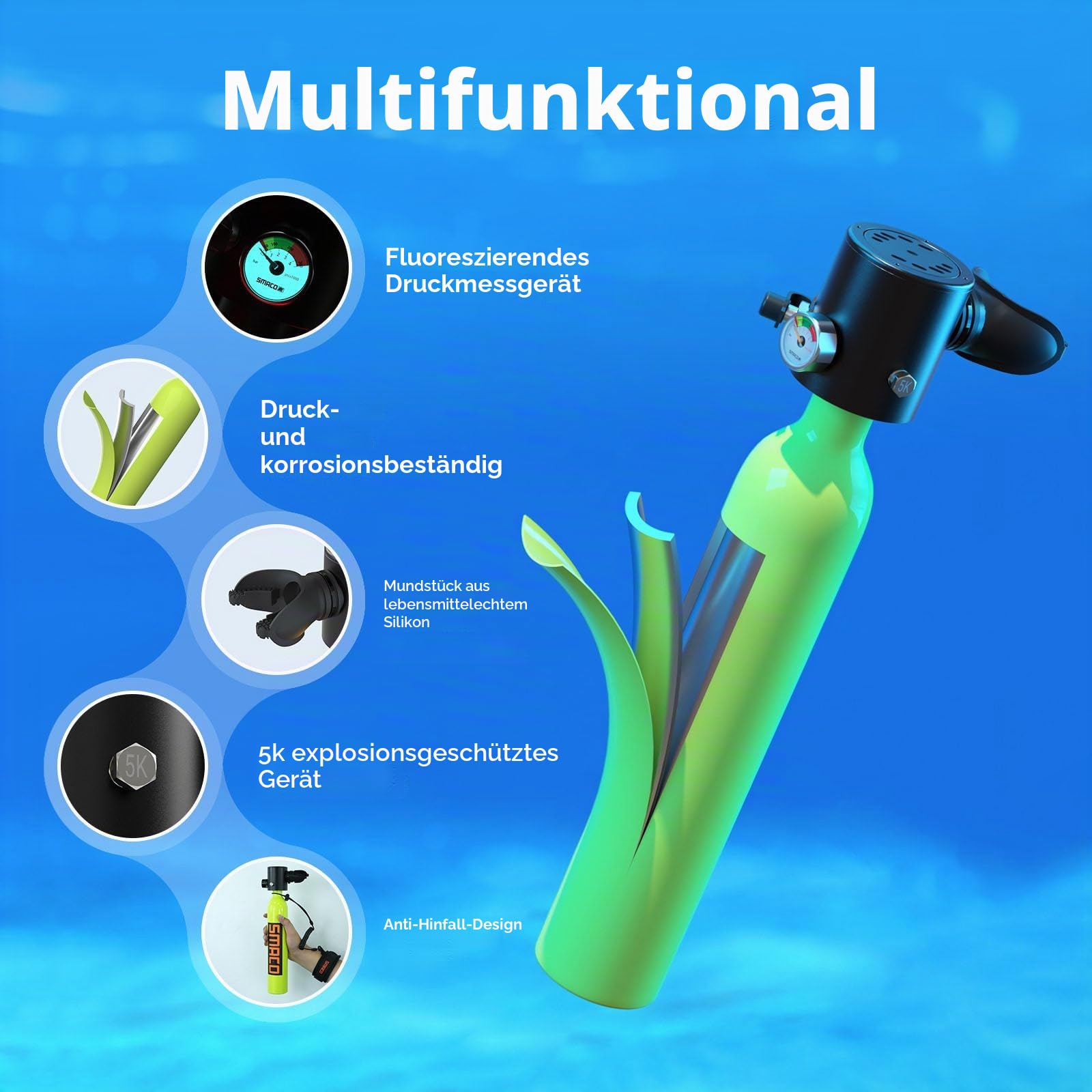 SMACO Mini Scuba Tank 0,5L Tragbarer kleiner Tauchtank für Unterwasseratmung Wiederverwendbarer Tauchzylinder bis zu 10 Minuten Tauchzeit Lung Tauchen Tank Notrettung Pony Flasche S300