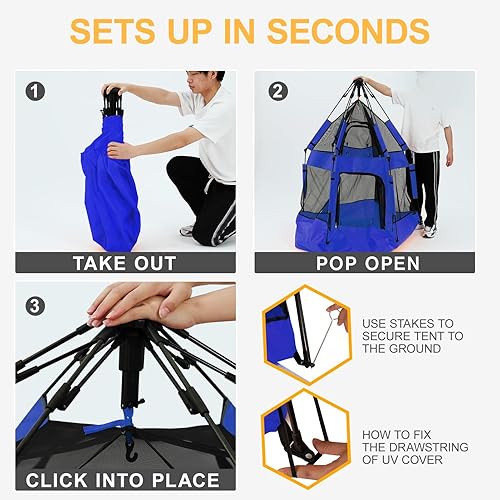 Miniatura 3 de Baby Playpen with Canopy, 2023 Newest Pop Up Baby Beach Tent with Safety Lock, Portable Toddler Play Yard with Travel Bag, 6 Ground Stakes, 6 Sand