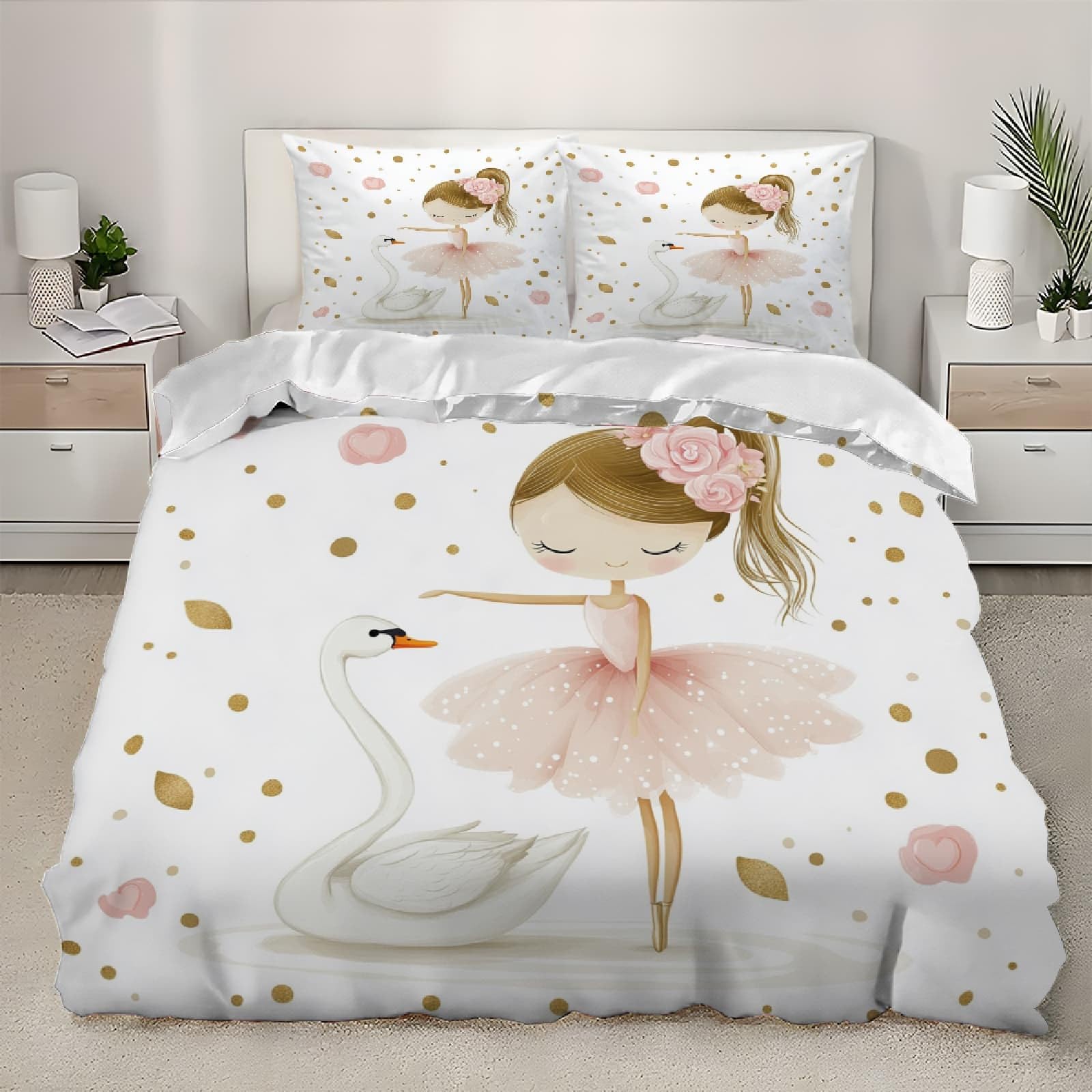 Set Copripiumino Modello di Ballerina Dei Cartoni Animati Matrimoniale 3 Pezzi in Microfibra, Copripiumino 240x220 cm e 2 Federe, Parure Biancheria da Letto Bianco per Adulti, Bambini e Adolescenti