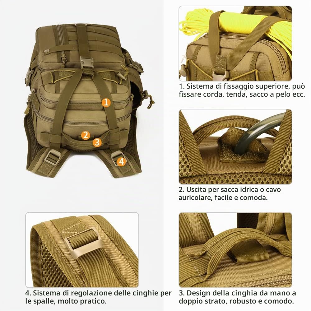 HUNTVP Zaino Militare 30L, Zaino Uomo Sportivo Tattico 30 Litri per Viaggio Trekking Ciclismo All'aperto Campeggio Escursionismo,Marrone