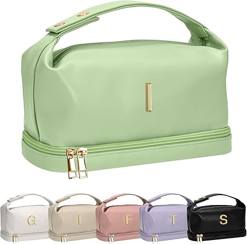 Vista 113 de Regalos Vogewood para mujeres, bolsa de maquillaje personalizada con asa, bolsa de cosméticos inicial de doble capa con organizador de brochas