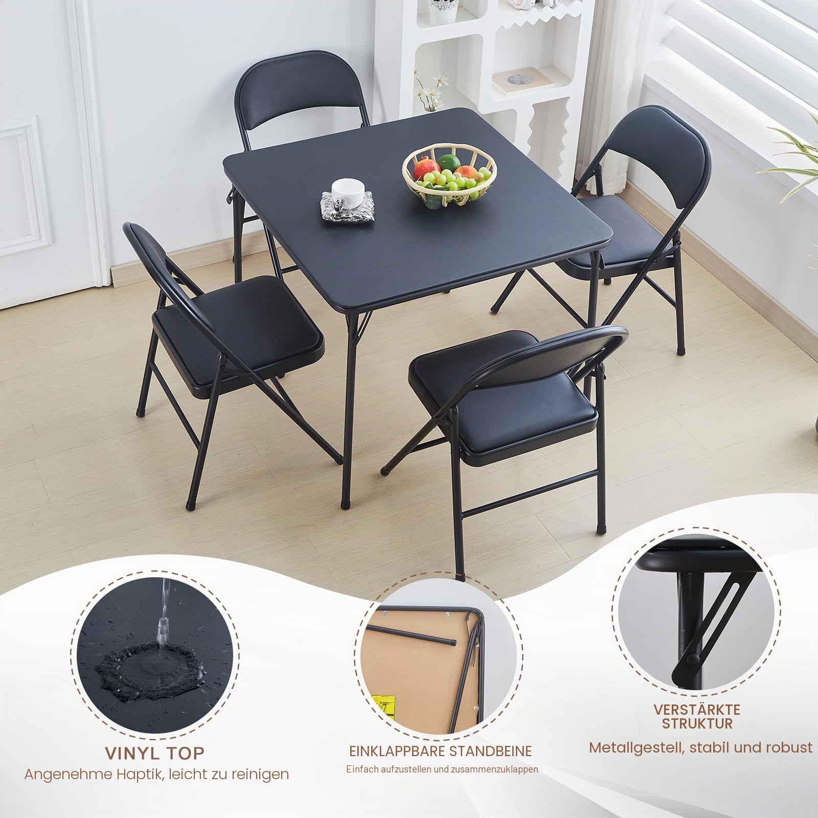 BOOSDEN Klapptisch, Multifunktionstisch, Schwarz, Klappbar Tisch als Campingtisch, Gartentisch, Balkontisch, Esstisch, Faltbarer Tisch, 80cm X 80cm X 70cm,