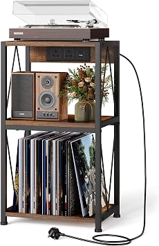 HFHOME Record Player Stand with Charging Station, 3 Tier End Table with Vinyl Record Storage, Record Player Table with Storage, Turntable Stand for Vinyl Player in Living Room Bedroom