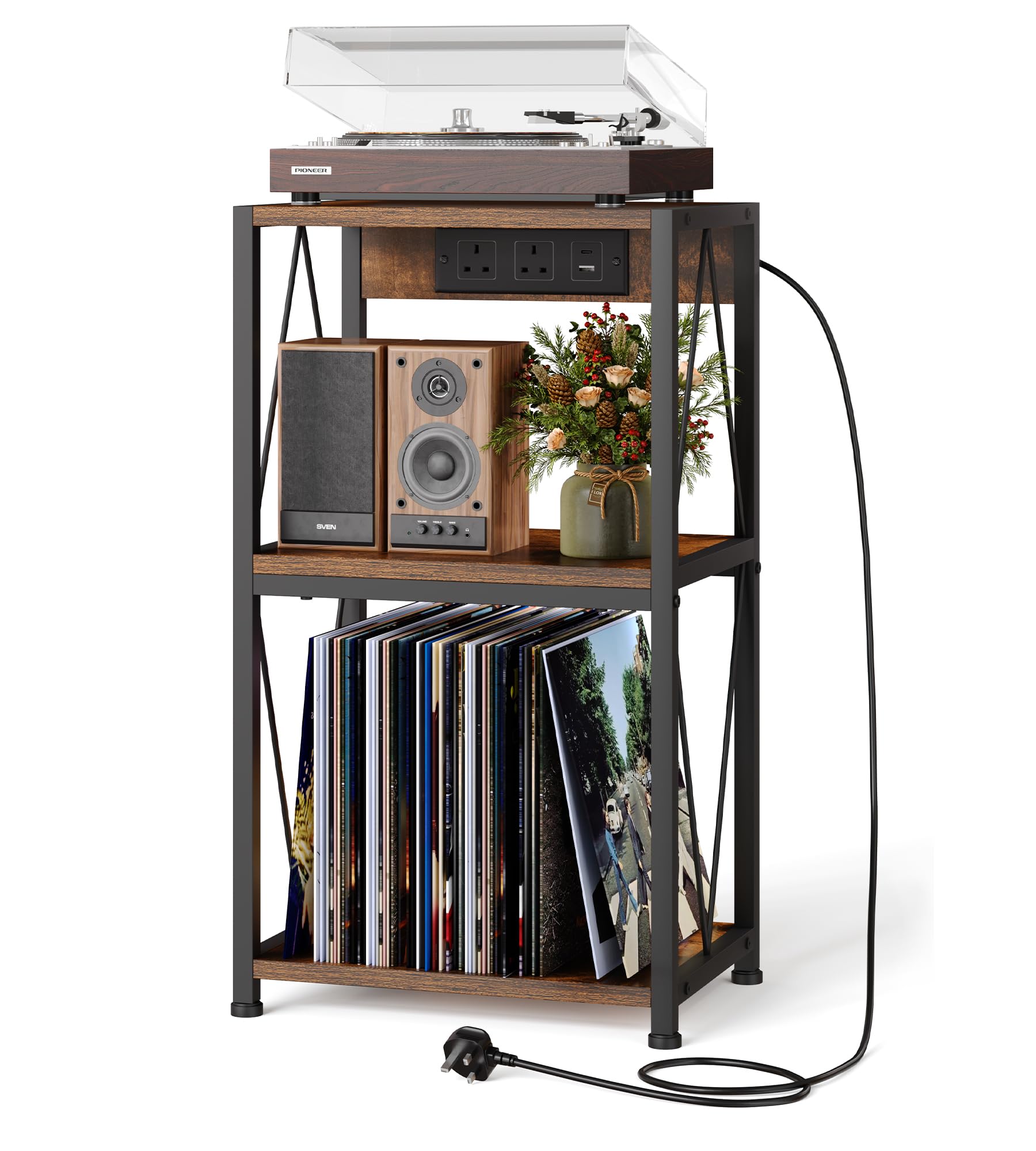 Hfhome Brown Record Player Stand With Charging Station, 3 Tier End Table With Vinyl Record Storage, Record Player Table With Storage, Turntable Stand For Vinyl Player In Living Room Bedroom