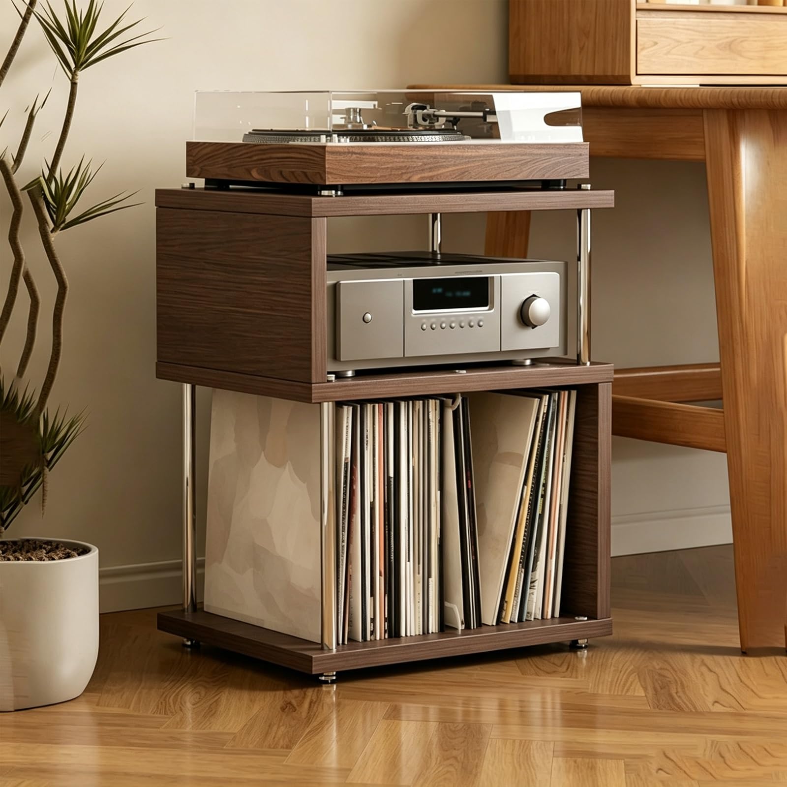 Libreria Cubo in Legno, Mobile Giradischi, Armadio Porta CD. | Porta Vinili da Terra, Supporto Giradischi, Tavolino Laterale Soggiorno Ufficio Camera.(Walnut)