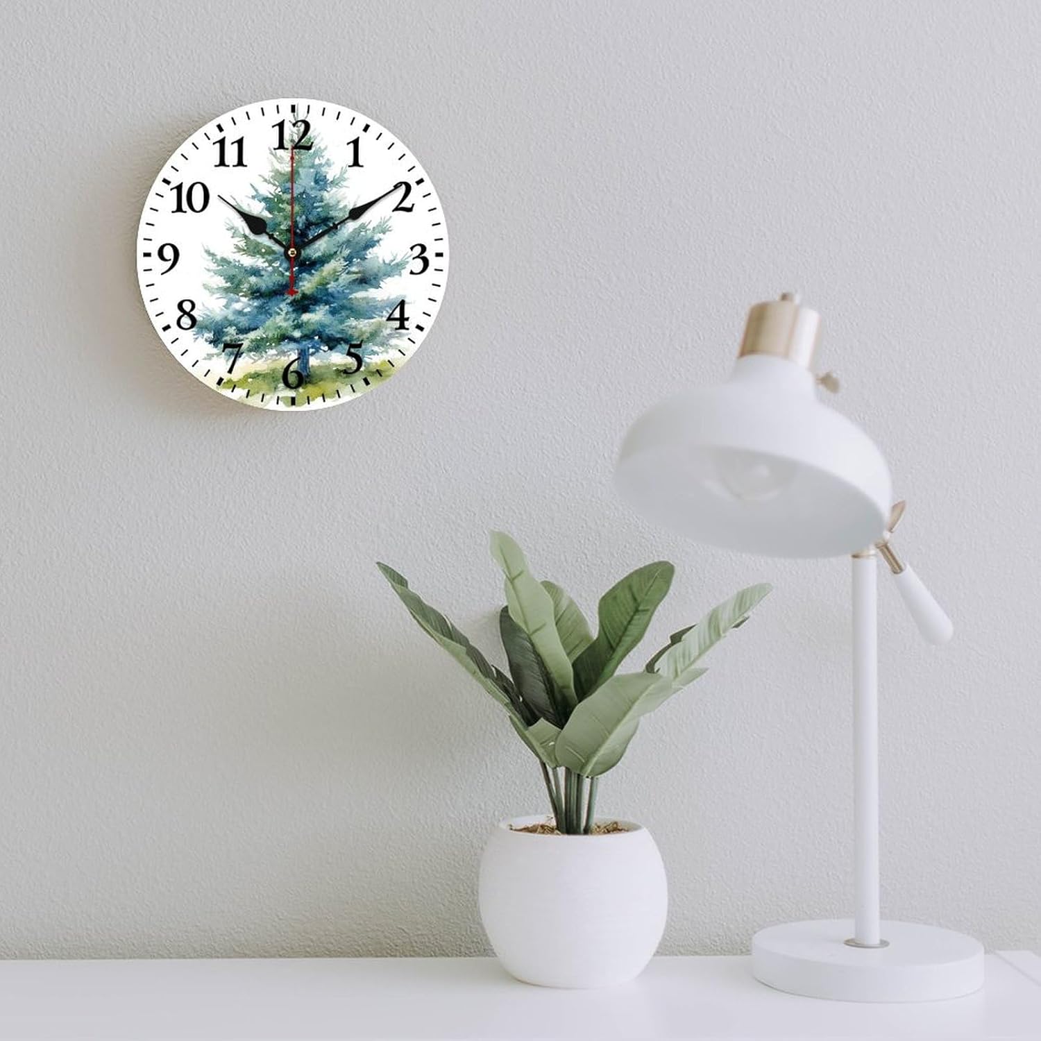 Watercolor Blue Green Christmas Tree Wall Clocks Xmas Pine Trees Creative Decorative Clock Battery Operated Quartz Analog Quiet Bedroom Living Room Home Decor Arabic Numbers 12 Inch Round