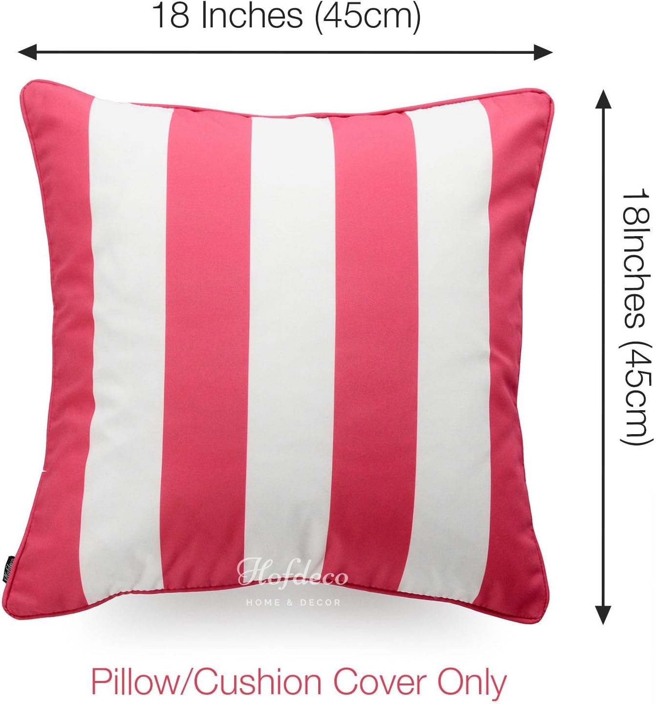 Hofdeco Indoor Outdoor Pillow Cover ONLY, Water Resistant for Patio Lounge Sofa, Hot Pink White Stripes, 18"x18", Set of 2