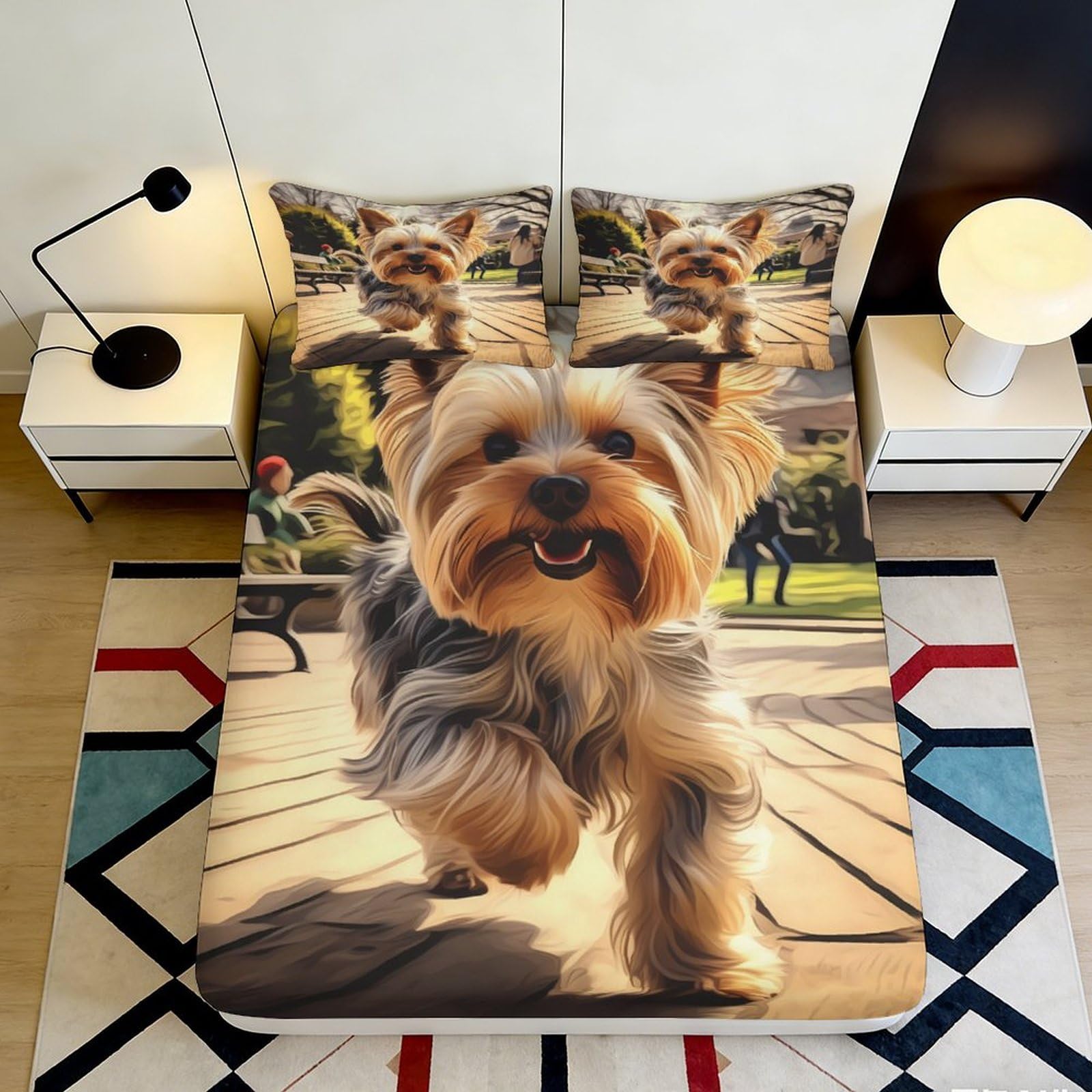 3D Printed Yorkshire Terrier Fitted Sheet Microfiber Soft Non-Slip Dog Pattern Mattress Cover for Bedroom Dorm Decor 180x200x25cm