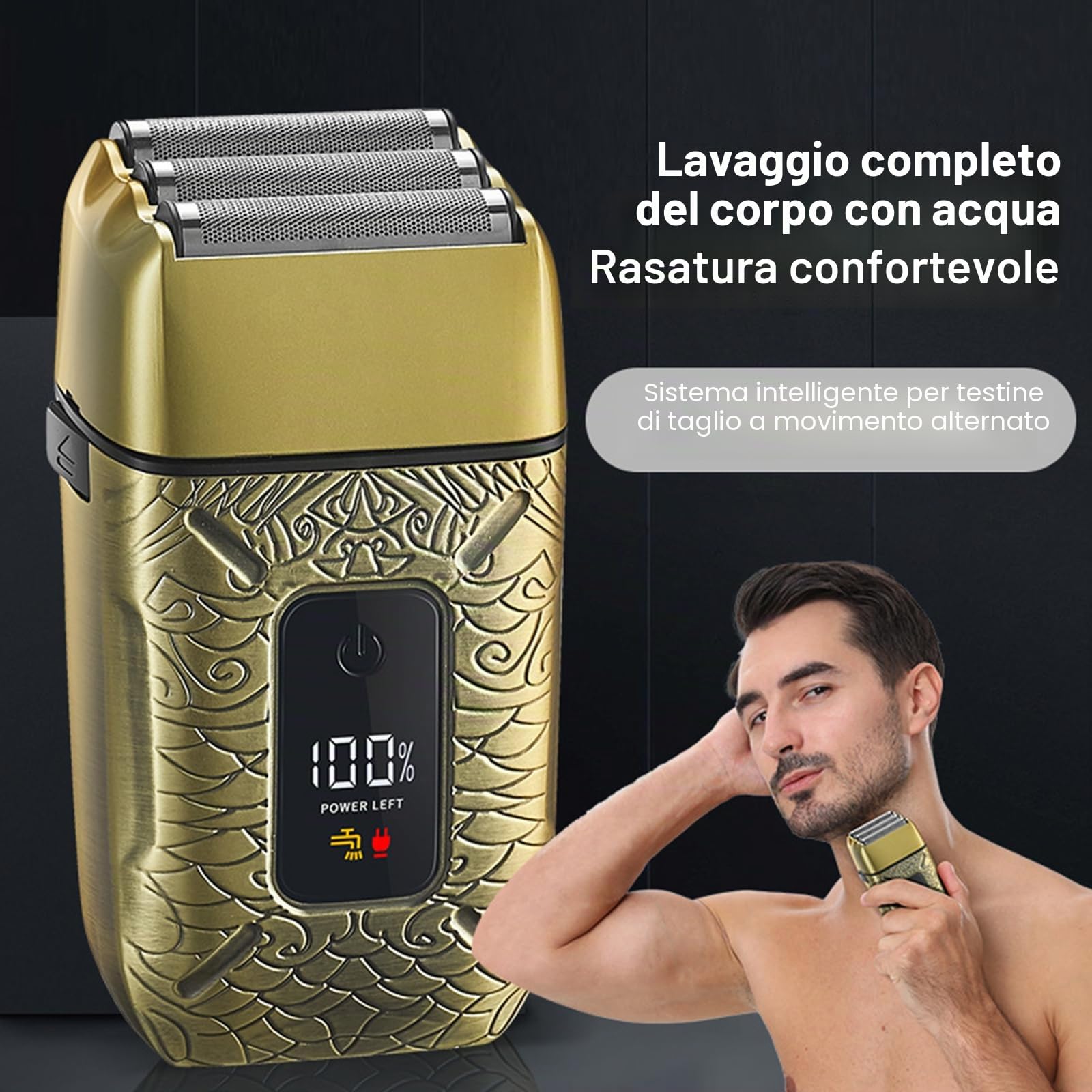 Jemora Regolabarba elettrico uomo con lamina barba a 3 testine Rasoio per testa calva Lavabile per tutto il corpo Uso asciutto e bagnato Ricaricabile con display digitale