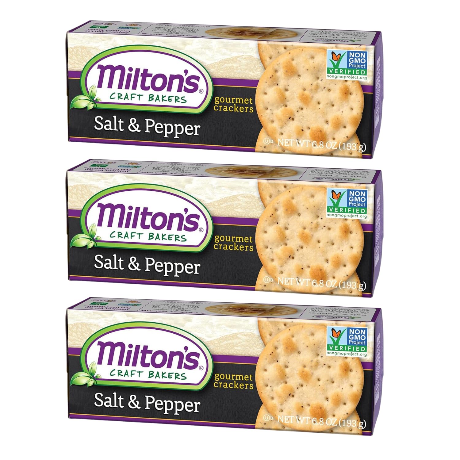 Milton's Gourmet Crackers, Salt & Pepper - Non-GMO Project Verified, Natural Ingredients, Kosher, Great for Charcuterie Boards - 6.8 Oz, Pack of 3