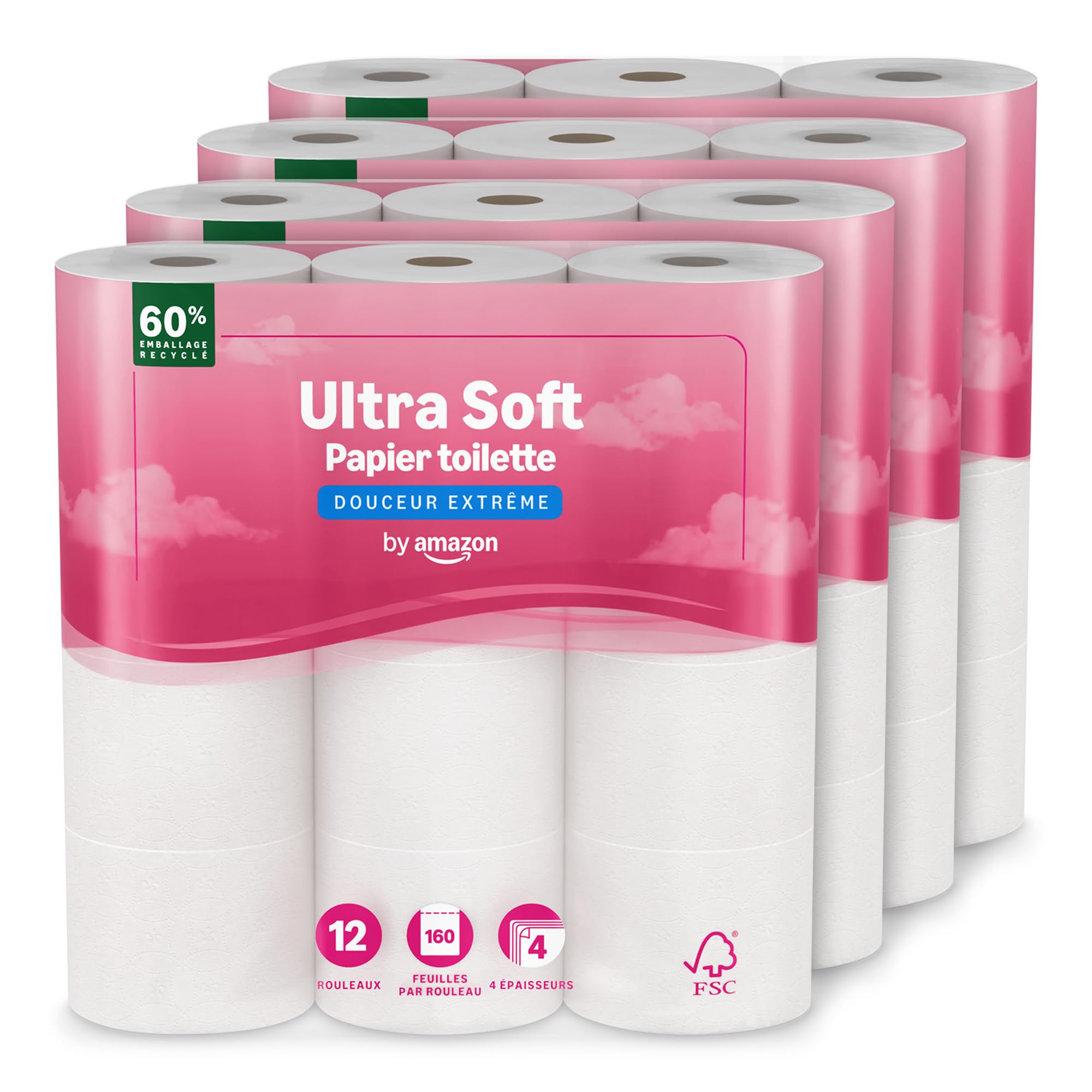 by Amazon 4 capas papel higiénico, Sin perfume, 160 hojas, 48 Unidad, 4 Paquetes de 12
