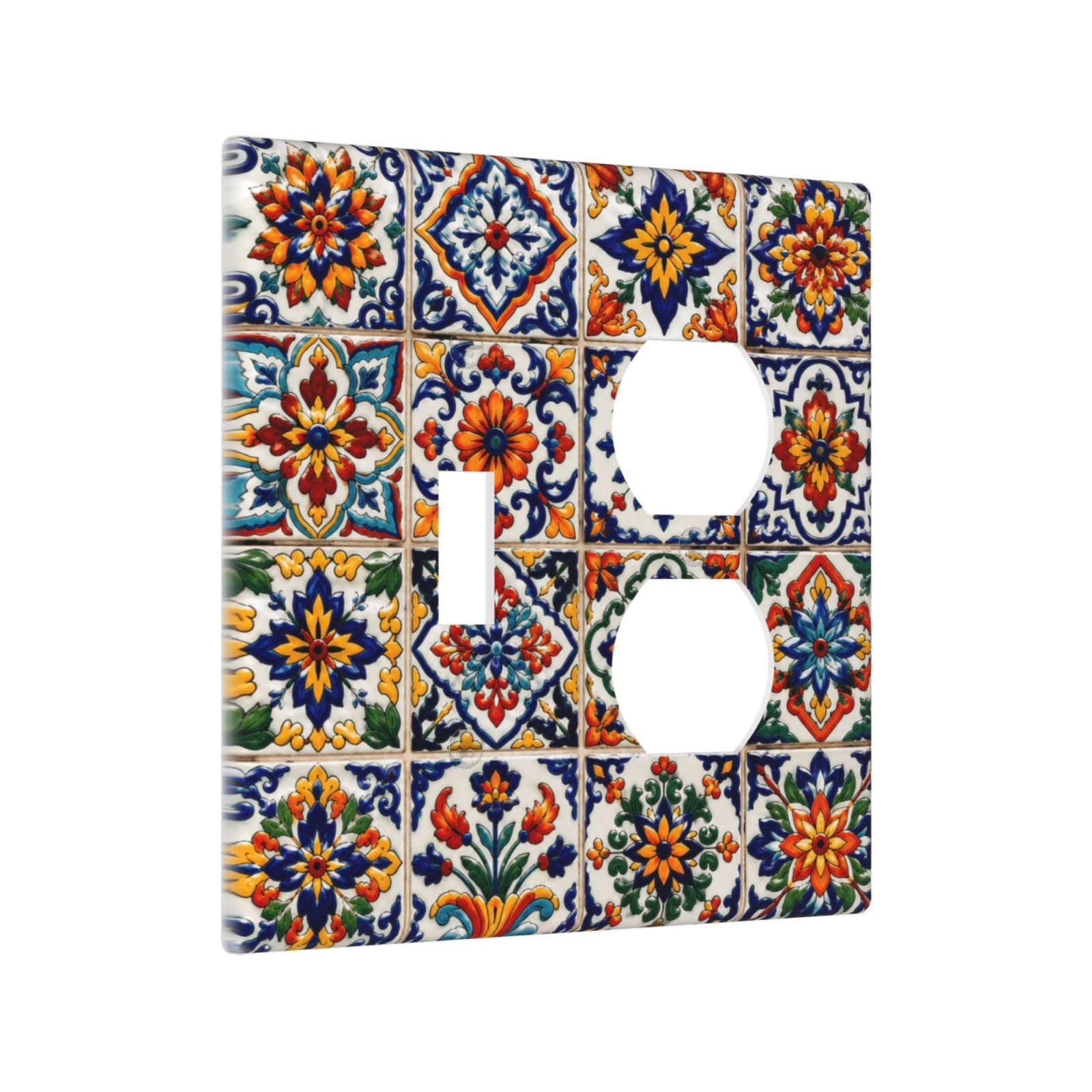 Thsanju Outlet Covers Vintage Ceramic Talavera 2 Gang Combin 1 Toggle/1 Duplex Light Switch Covers Decorative Colorful Floral Geometric Gfci Wall Plate Electrical Receptacle Switchplate for Home Decor