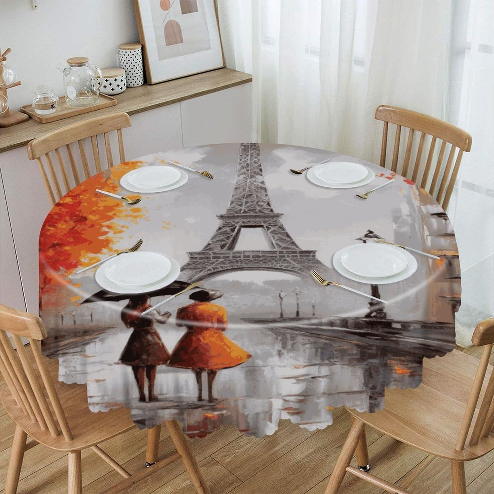 FekiLoot 60 Inch Round Eiffel Tower Paris Painting Tablecloth Waterproof Heavy Duty Polyester Table Cloth Spill-Proof Wipeable Table Cover Decorative Circle Dining Tablecover for Party Outdoor