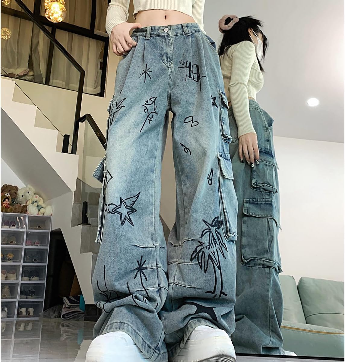 Y2K Fashion Straight High Waisted Wide Leg Jeans Casual Gradual Graffiti Patchwork Baggy Denim Pants - Image 2