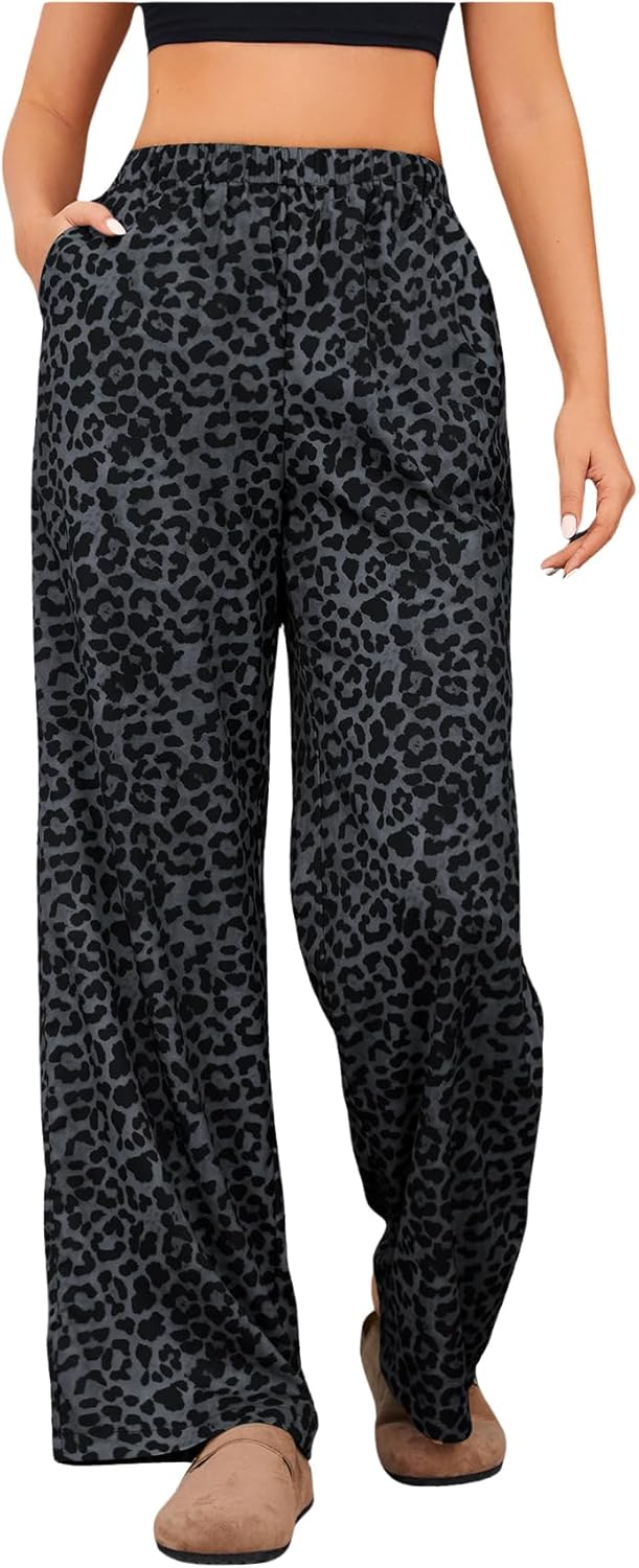 OYOANGLE Women's Leopard Print Elastic High Waist Long Pants Cheetah Printed Wide Leg Loose Trousers with Pockets