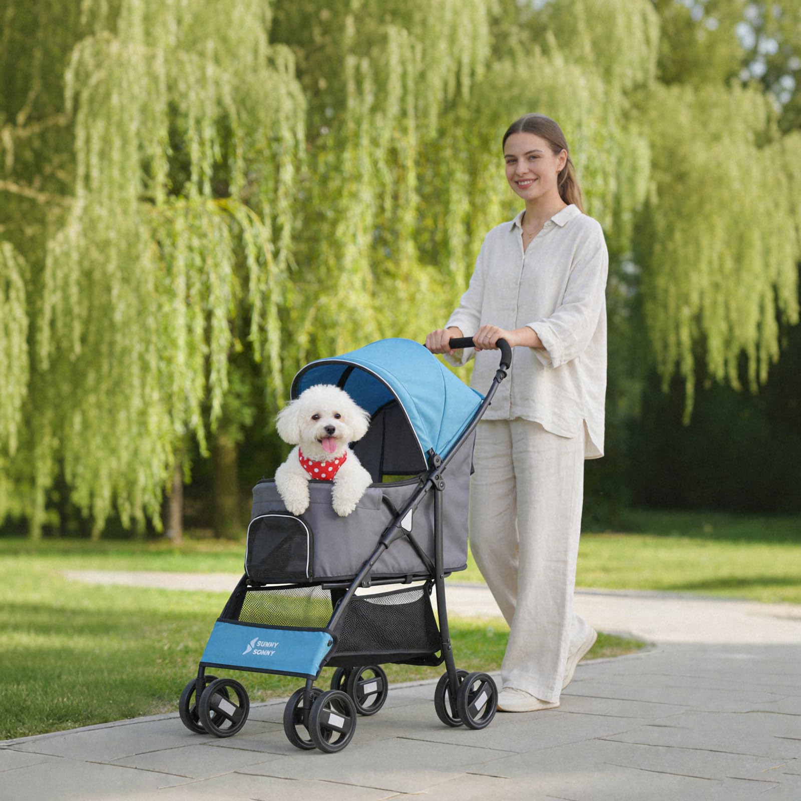 Sunny Sonny Faltbarer Jogger Haustier-Kinderwagen mit Wetterabdeckung, Aufbewahrungskorb, Haustier-Tragetasche für S/M Hunde und Katzen bis zu 15 kg (Blau)