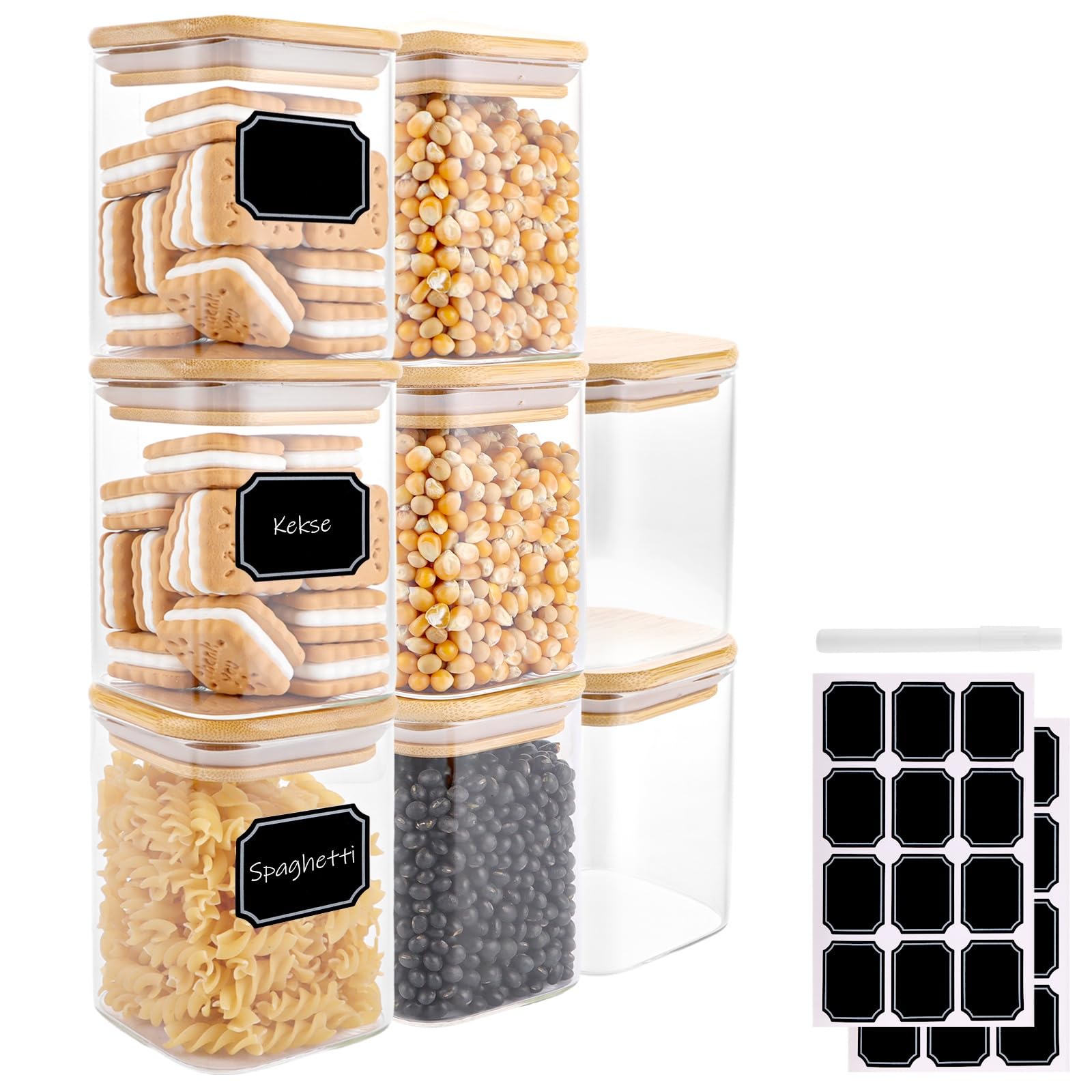 YAYODS Bocaux en Verre Hermétique Lot de 8, Pots de Conservation 500 ml avec Couvercle Bambou et Joint Silicone, Boîtes de Rangement Cuisine avec Étiquettes pour Café, Riz, Céréales et Garde-Manger