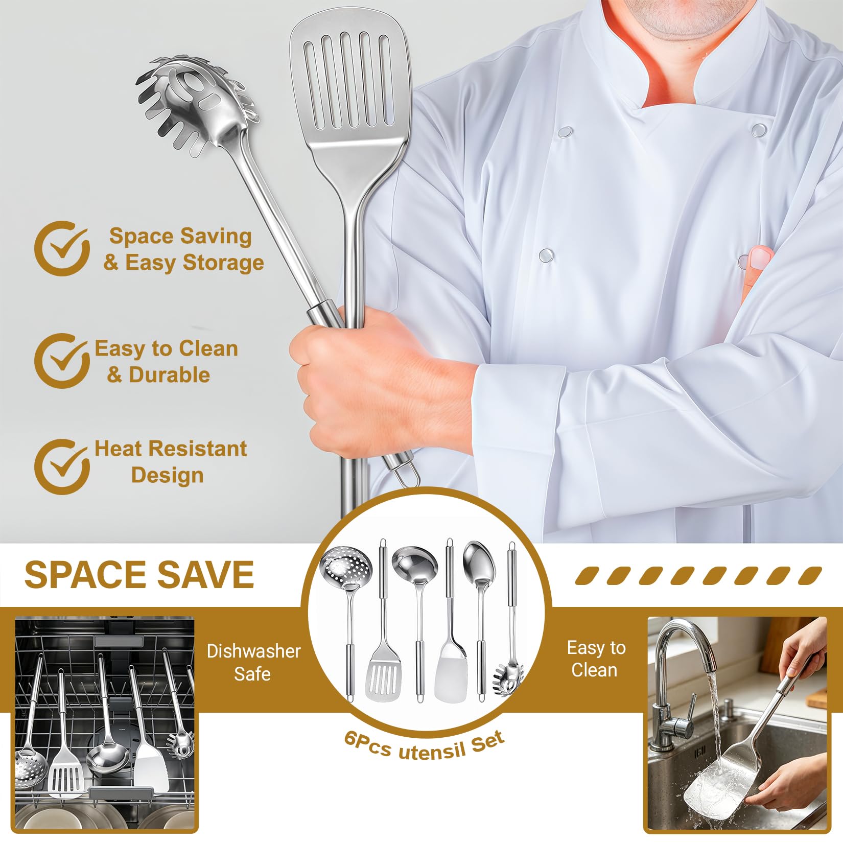 Juego de 6 utensilios de cocina de acero inoxidable, juego de utensilios de cocina de metal para cocinar, juego de espátulas resistentes al calor, juego de herramientas de cocina con volteadores,