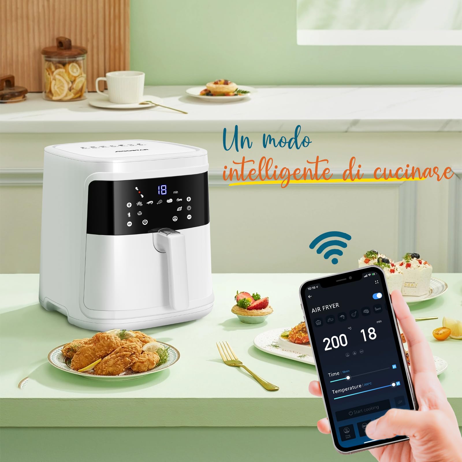 Aigostar Friggitrice ad Aria 7L Smart 1900W - WiFi/App con Ricette, 7 Programmi, Schermo LED Touch, Circolazione Aria 360°, Cottura Senza Olio, Cestello Rimovibile Lavabile in Lavastoviglie, bianco