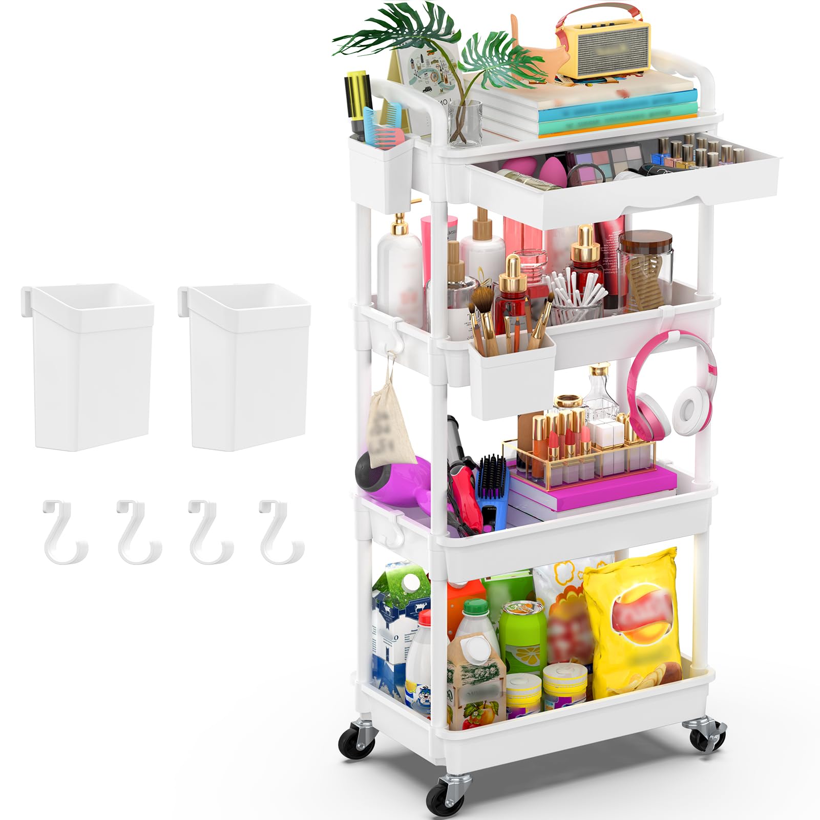 Goovilla 4 Tier Rolling Utility Cart Organizer with Removable Drawer, Stable and Sturdy White Rolling Storage Carts with 2 Lockable Wheels for Bathroom, Kitchen, Snack, Craft, Makeup, Baby Essentials