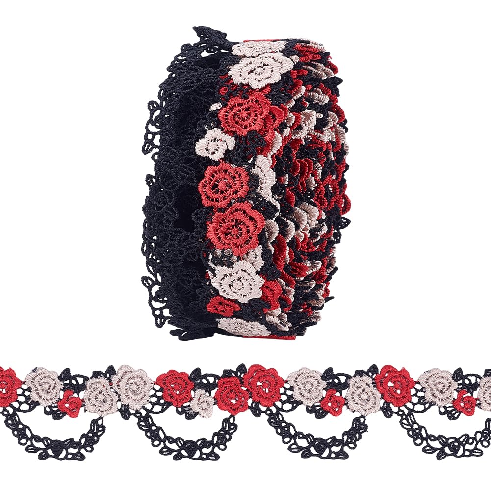 MAYJOYDIY 4,5 m rose rosse ricamate in pizzo 40 mm applique floreali gotiche cucito artigianato vite nero bordo pizzo nastro per cappelli abiti costume abbellimento fai da te decorazione festa