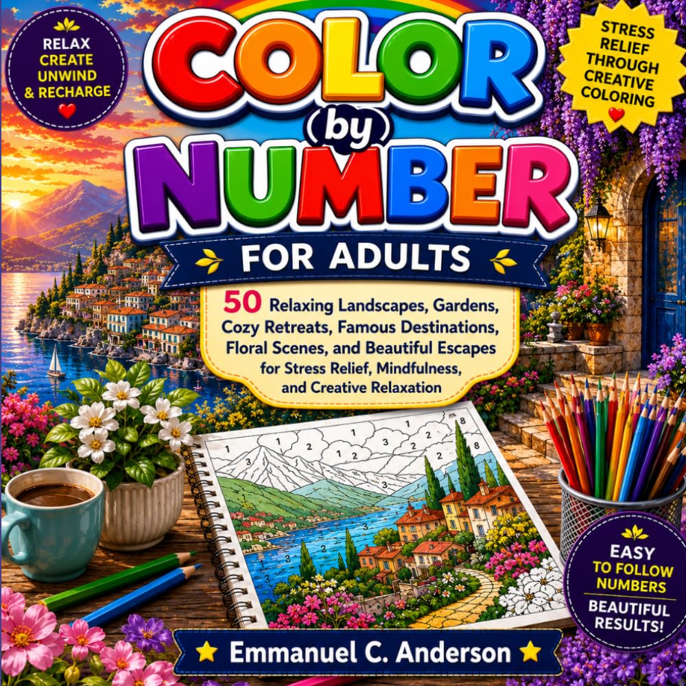 Color by Number for Adults: 50 Relaxing Landscapes, Gardens, Cozy Retreats, Famous Destinations, Floral Scenes, and Beautiful Escapes for Stress Relief, Mindfulness, and Creative Relaxation