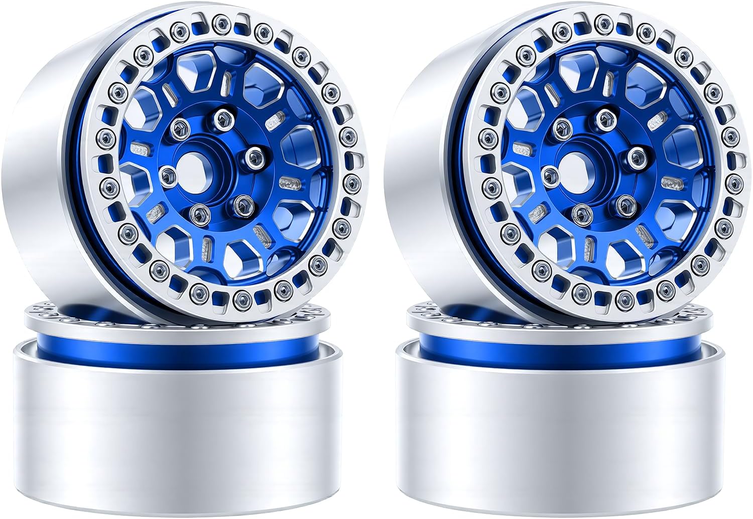 1.9" Aluminum Beadlock Wheels, Honeycomb Design Rims for 1/10 RC Crawler TRX4 TRX6 SCX10 SCX10 II 90046 SCX10 III AXI03007 D90, 4PCS, Blue and Silver