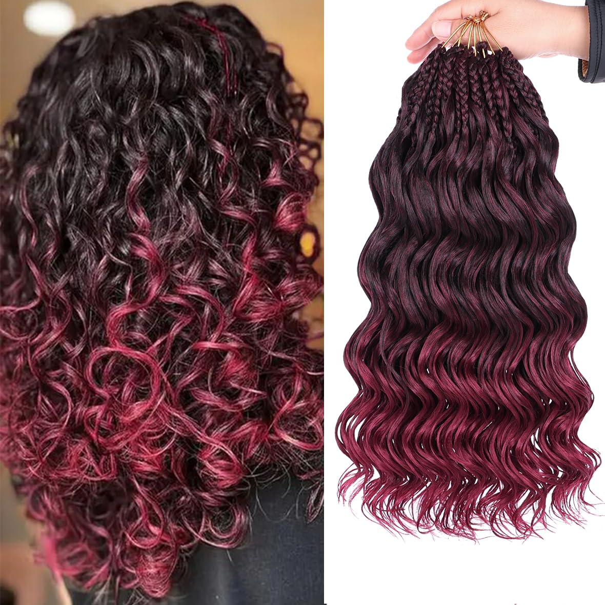 Kachanaa 14 Inch Pre Looped Ocean Wave Crochet Hair 8 Pack Curly Boho Ocean Braids Ombre Burgundy Pre Twisted Synthetic Deep Wavy Twist Hair TBUG#