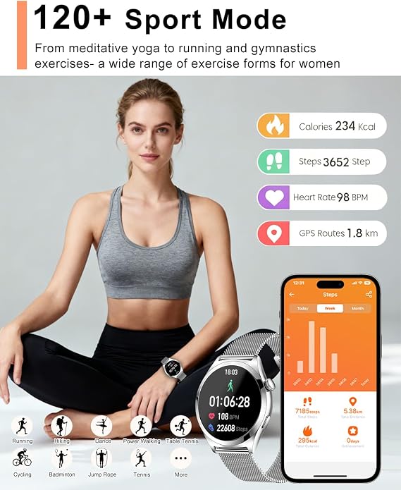 Smart Watches for Women, 1.27 TFT Touchscreen Smartwatch Answer/Make Call, Activity Fitness Trackers with 120+ Sports/HR/Sleep/SpO2 Monitor, IP68 Waterproof for Android iOS (Silver)