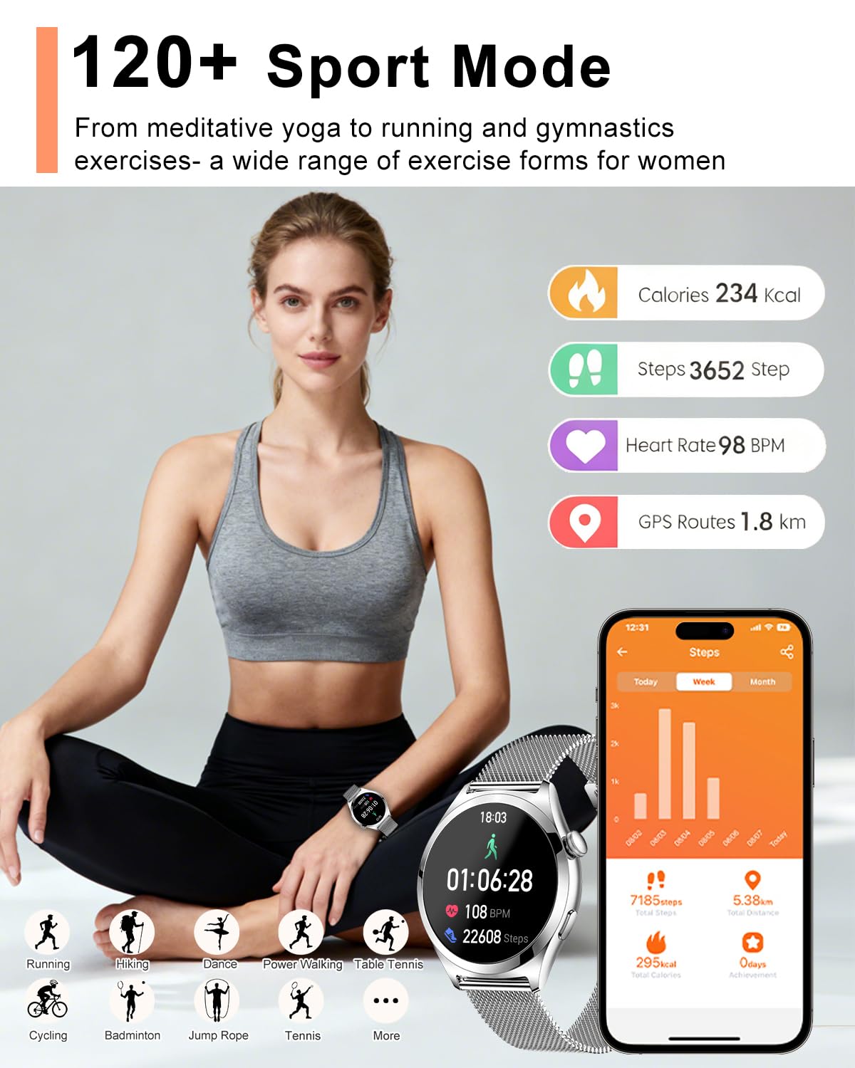 Smartwatch Donna, 1,27” Orologio Smartwatch con Chiamata Bluetooth, 120+ Sport, 24H Frequenza Cardiaca SpO2 Sonno, Fisiologia Feminile, IP68 Impermeabile, Smart Watch per Android iOS Argento