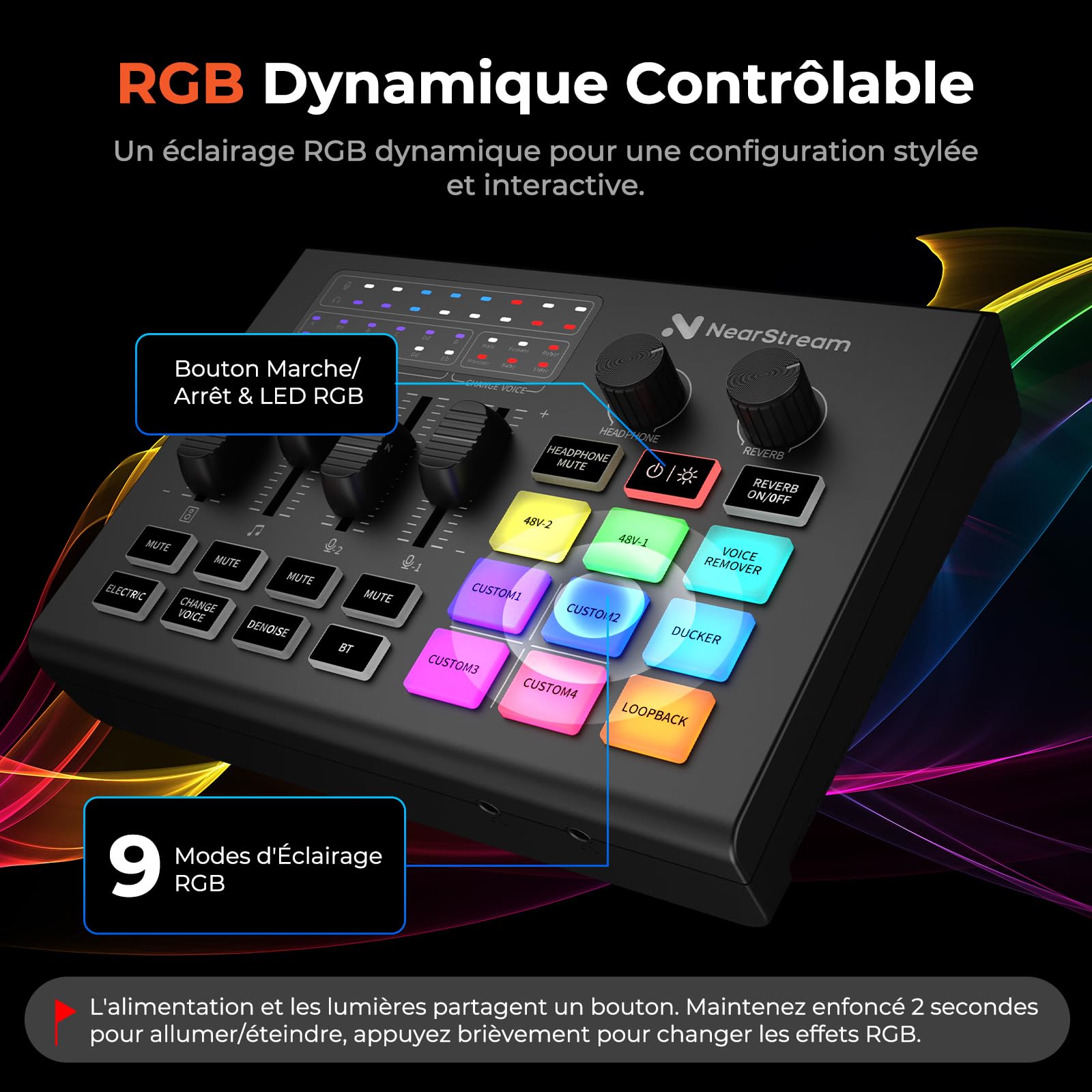 NearStream Table de mixage gaming avec préampli micro, double entrée XLR/6.35mm, 48V, RGB, changeur de voix, pads, loopback – Interface pour stream, podcast, musique (AMIX20U)