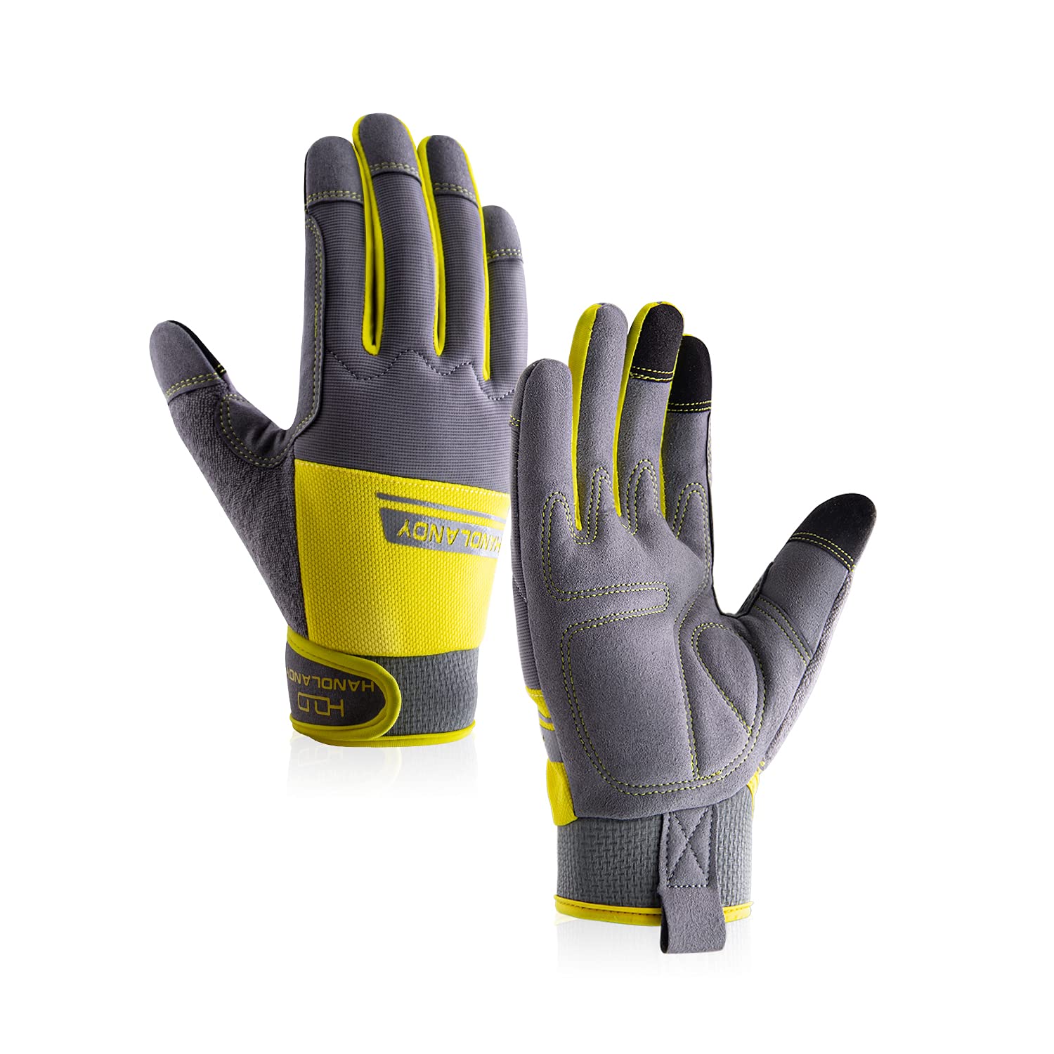 HANDLANDY Work Gloves Mens & Women, Utility Safety Mechanic Working Gloves Touch Screen, Flexible Breathable Yard Work Gloves (Large, Grey&Yellow)
