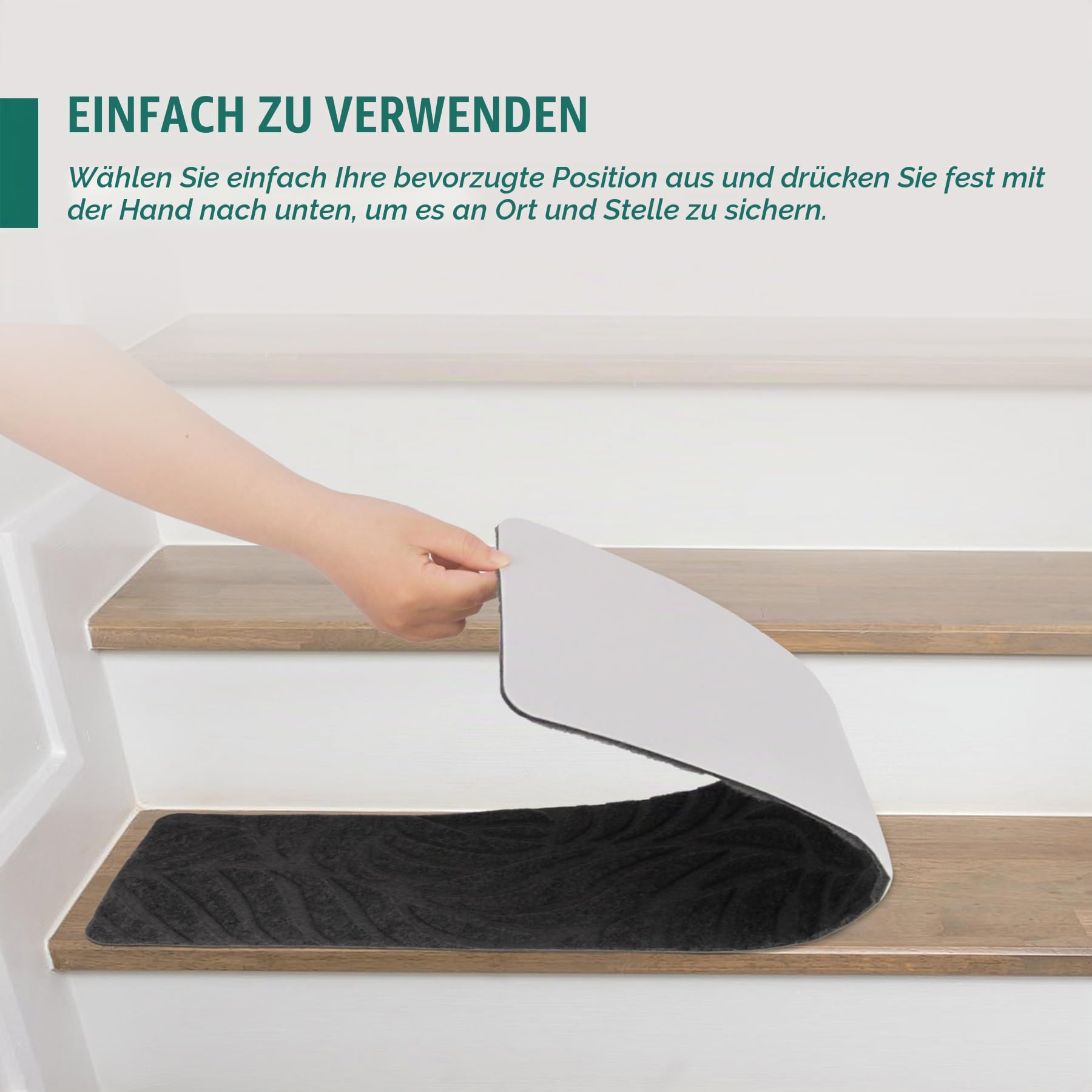 Treppenstufenmatten Selbstklebend 15 Stück, 76 x 20 cm Anti-Rutsch Stufenmatten Zuschneidbar, Rückstandsfrei Waschbar Treppenteppich für Holztreppen Innen, Sicher für Kinder Hunde Senioren(Grau Laub)
