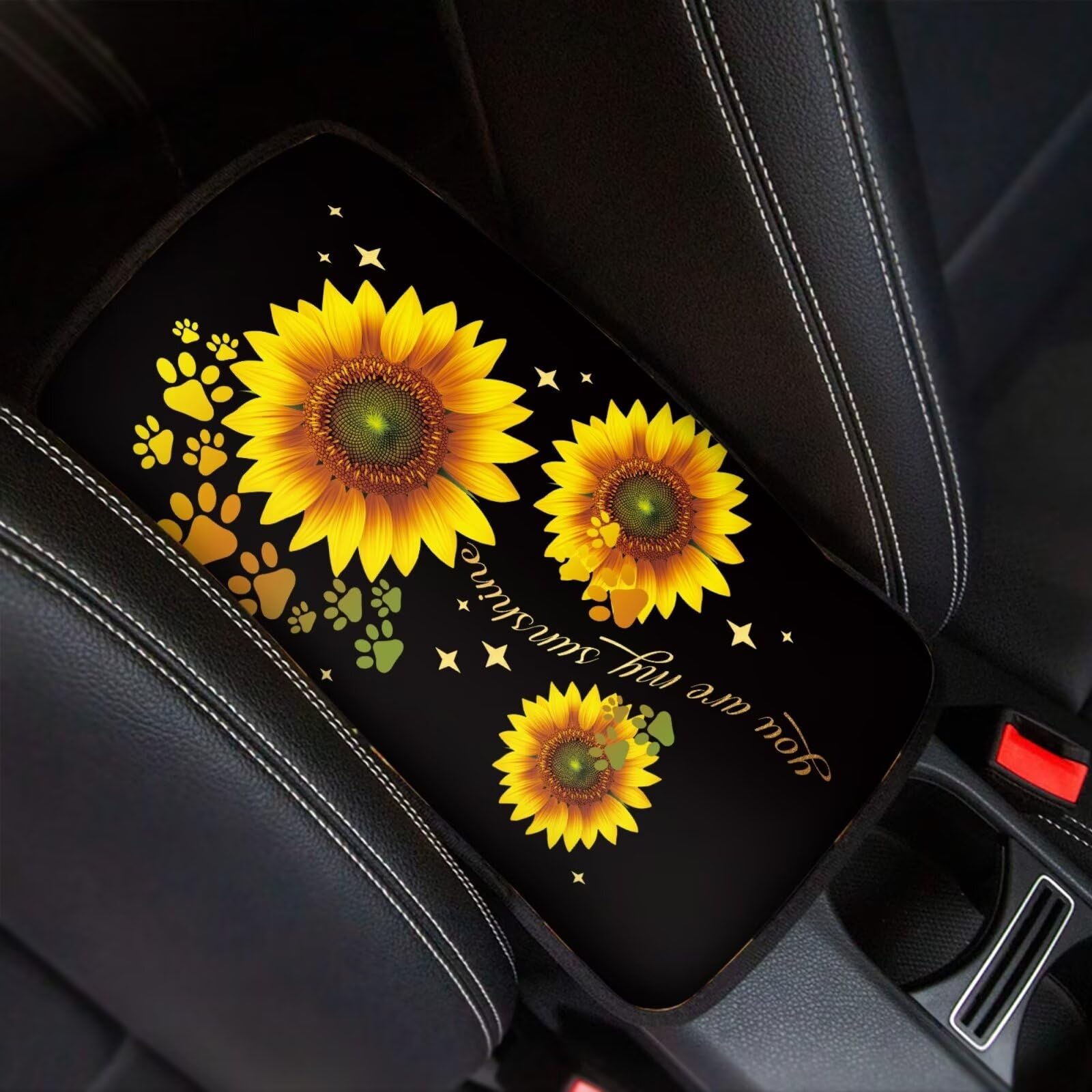 UNICEU Yellow Sunflower Dog Paw Car Armrest Pads Interior Accessories Sunflower Car Accessory Universal Fit Automotive Center Console Armrest Cushion