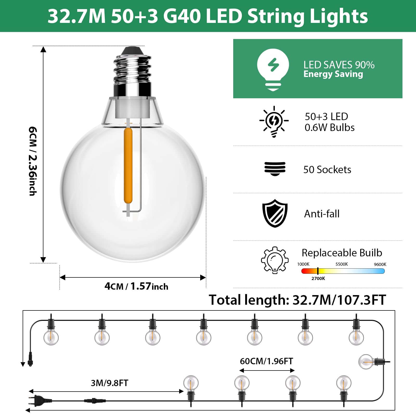 FIFlying Catena Luminosa Esterno, 32.7M/107FT G40 Impermeabile Luci da Esterno Giardino con 50+3 LED, 2700K Bianco Caldo Catena Luci Esterno, Adatta per Festival, Matrimoni, Feste, Giardini, Terrazze