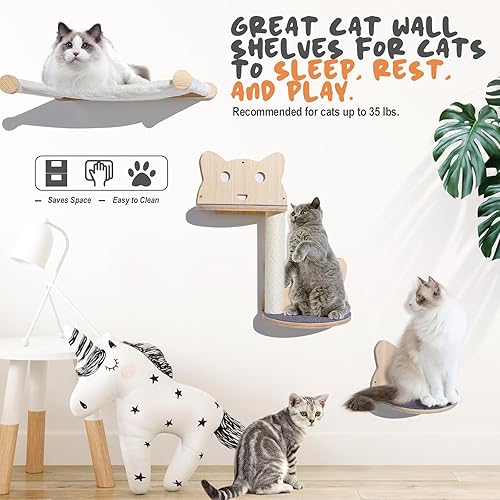 Miniatura 6 de Topmart Juego de muebles de pared para gatos poste rascador de sisal, hamaca y escalones