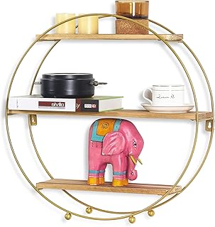 Joveco Round Wall Shelf Gold, 3 Tier Metal & Wood Circle Shelf Set, Roun...